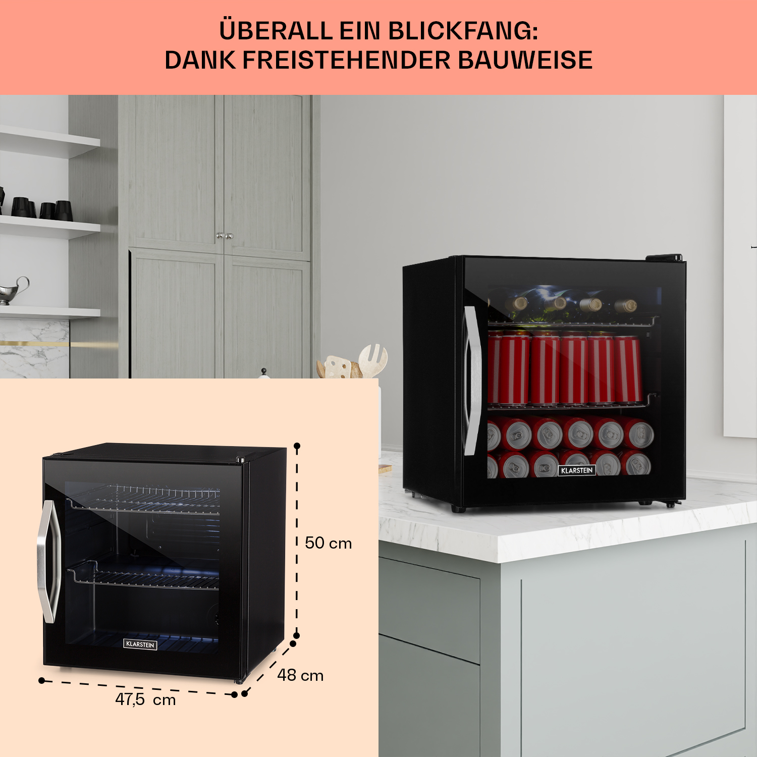 Mini-nevera negra con latas y botellas visibles, dimensiones en cm.