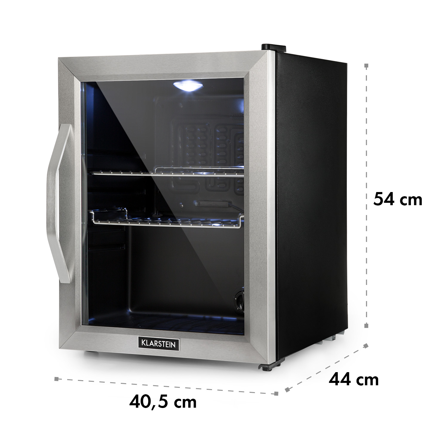 Mini frigo argentato con porta in vetro e dimensioni: 40,5 cm largo, 44 cm profondo, 54 cm alto.
