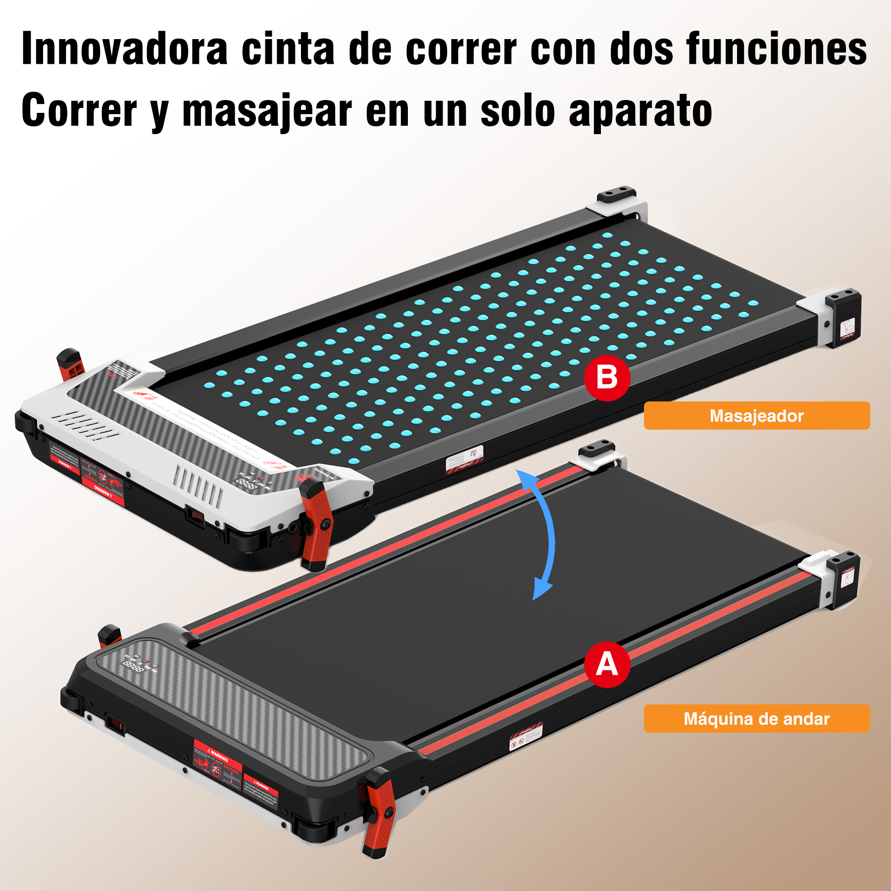 Una cinta de correr con dos secciones: una para andar y otra para masajes, etiquetadas A y B respectivamente.