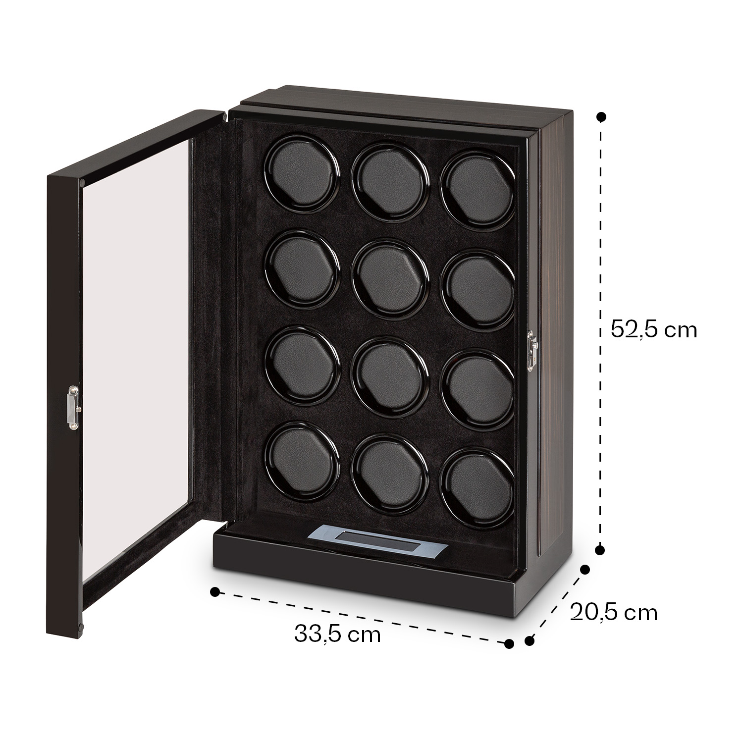 Eine hölzerne Uhrenbox mit einer Glastür. Die Tür ist offen und zeigt 12 Uhrenhalter.