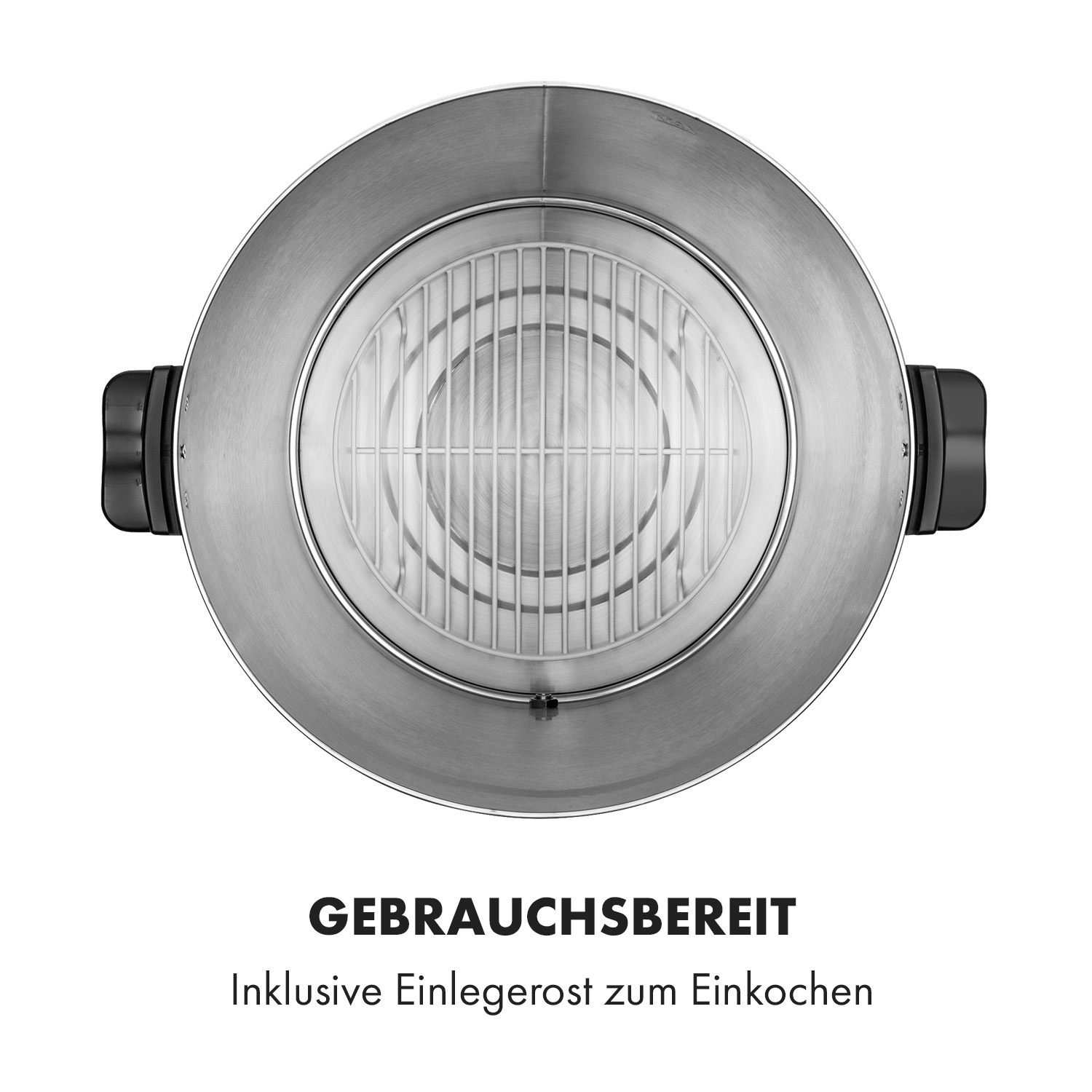 Draufsicht auf einen silbernen Grill mit weißem Rost. Schwarze Griffe befinden sich an den Seiten.