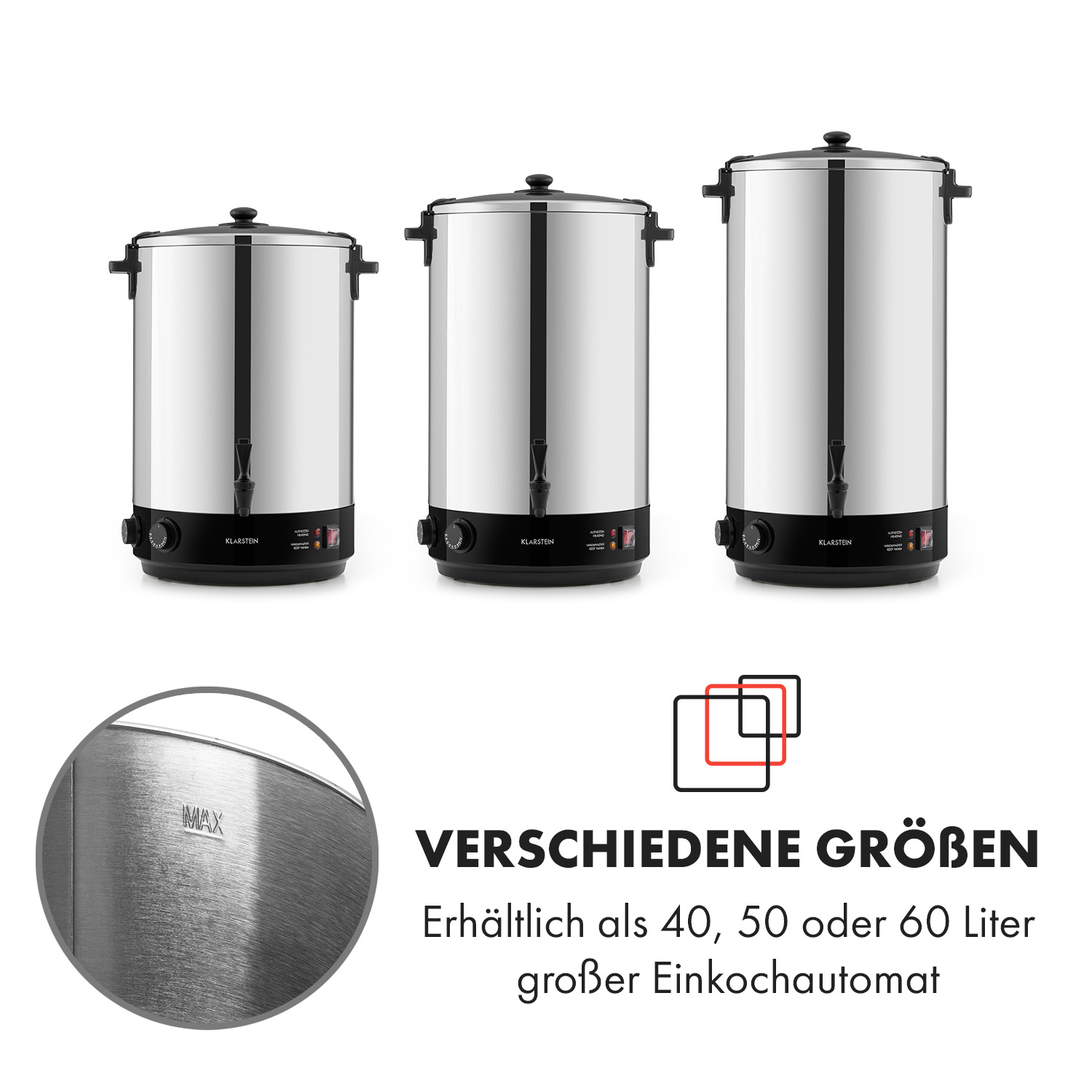 Drei Edelstahlkochtöpfe. Jeder hat einen schwarzen Deckel, Ventil und Klarstein-Logo. Verschiedene Größen.