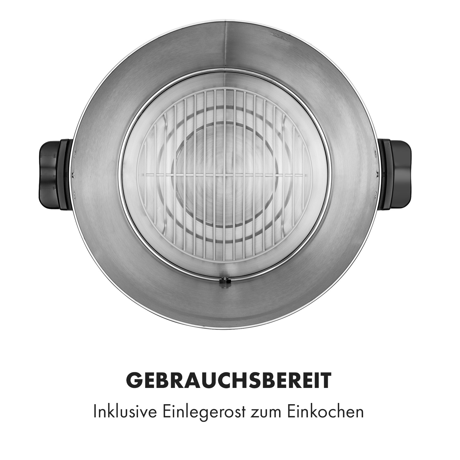 Draufsicht auf einen Edelstahlkochtopf. Text: 'Gebrauchsberiet', und 'Inklusive Einlegerost zum Einkochen'.