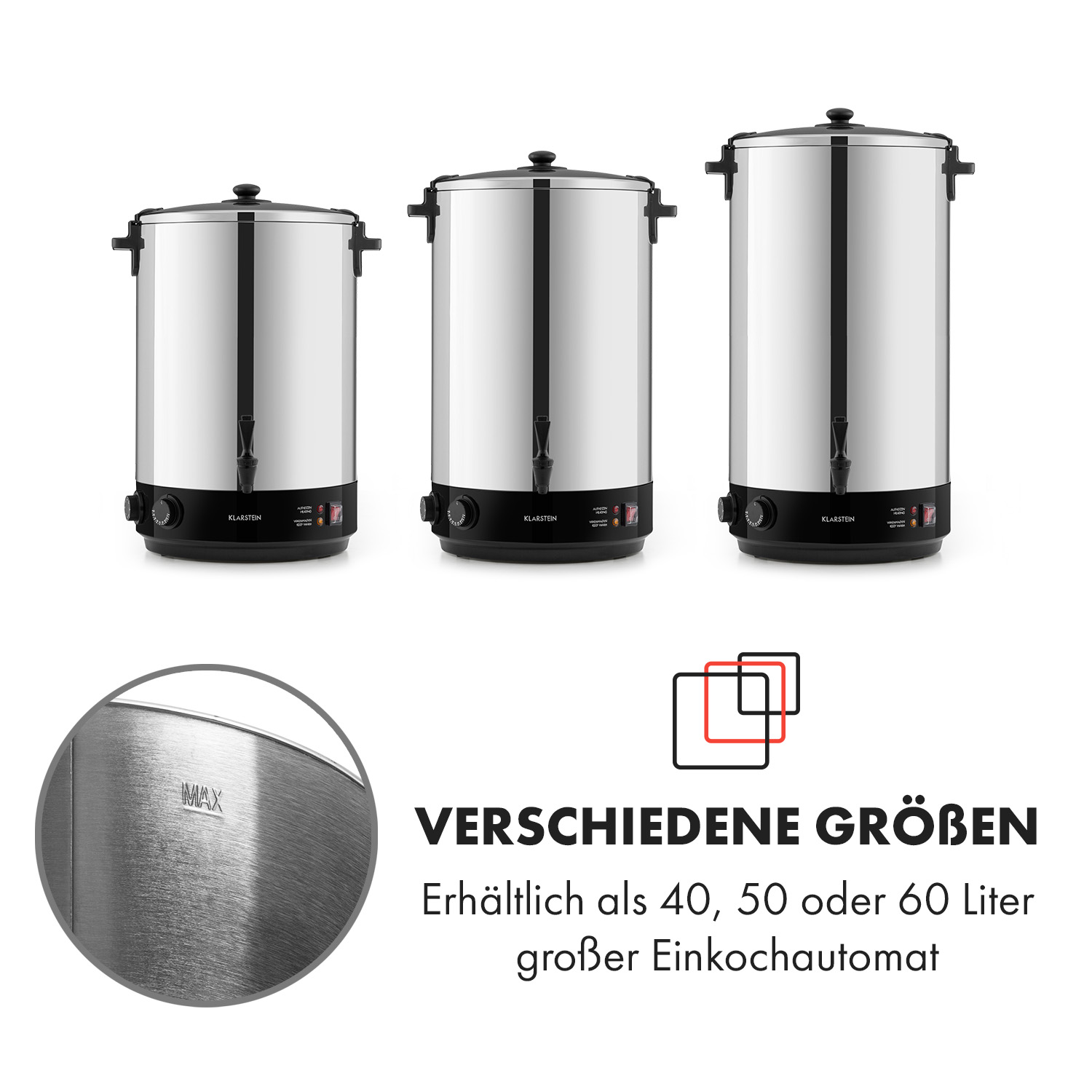 Drei silberne, zylindrische Wasserkocher unterschiedlicher Größe mit schwarzen Akzenten und ein Detail.