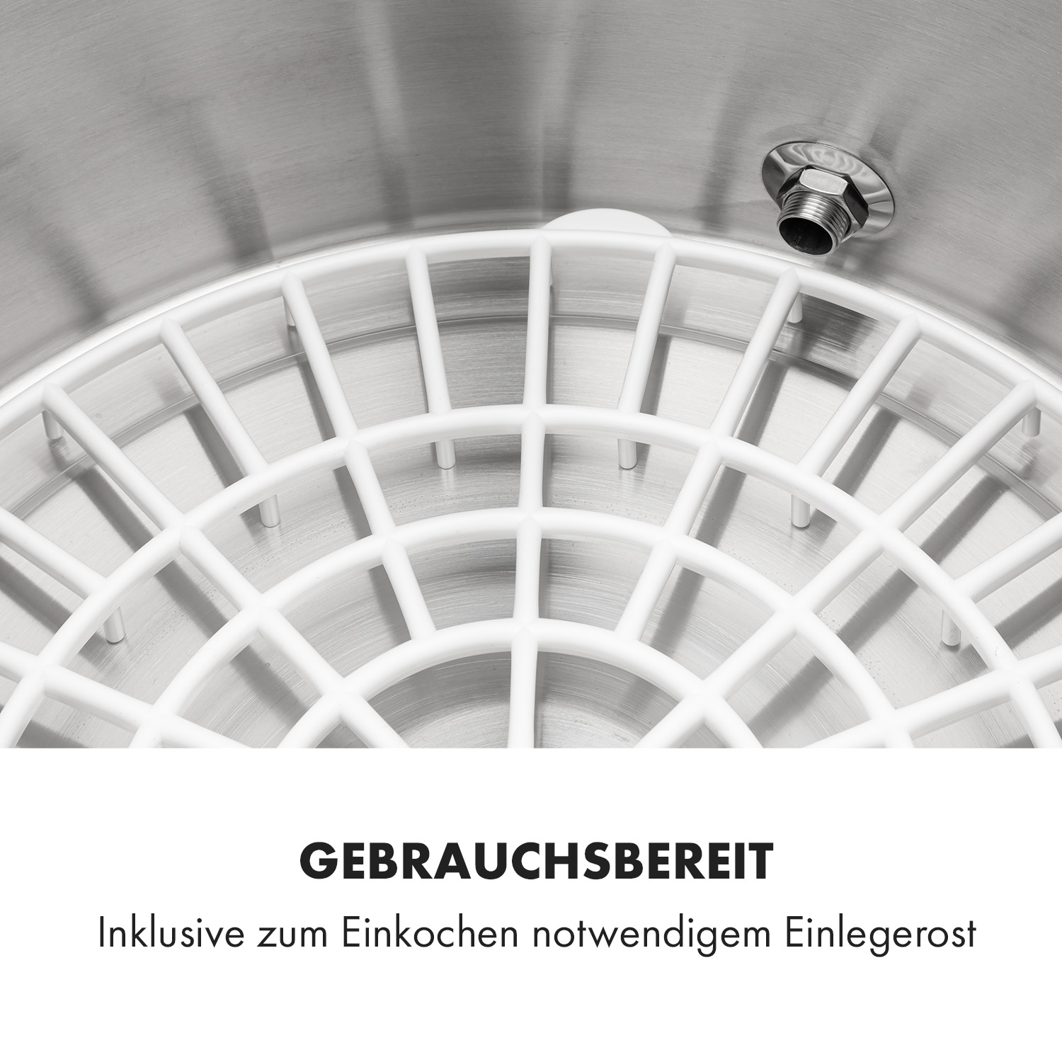 Edelstahl-Innenraum mit weißem Gitter. Schwarzer Text: gebrauchsfertig. Inkl. Einlegerost.