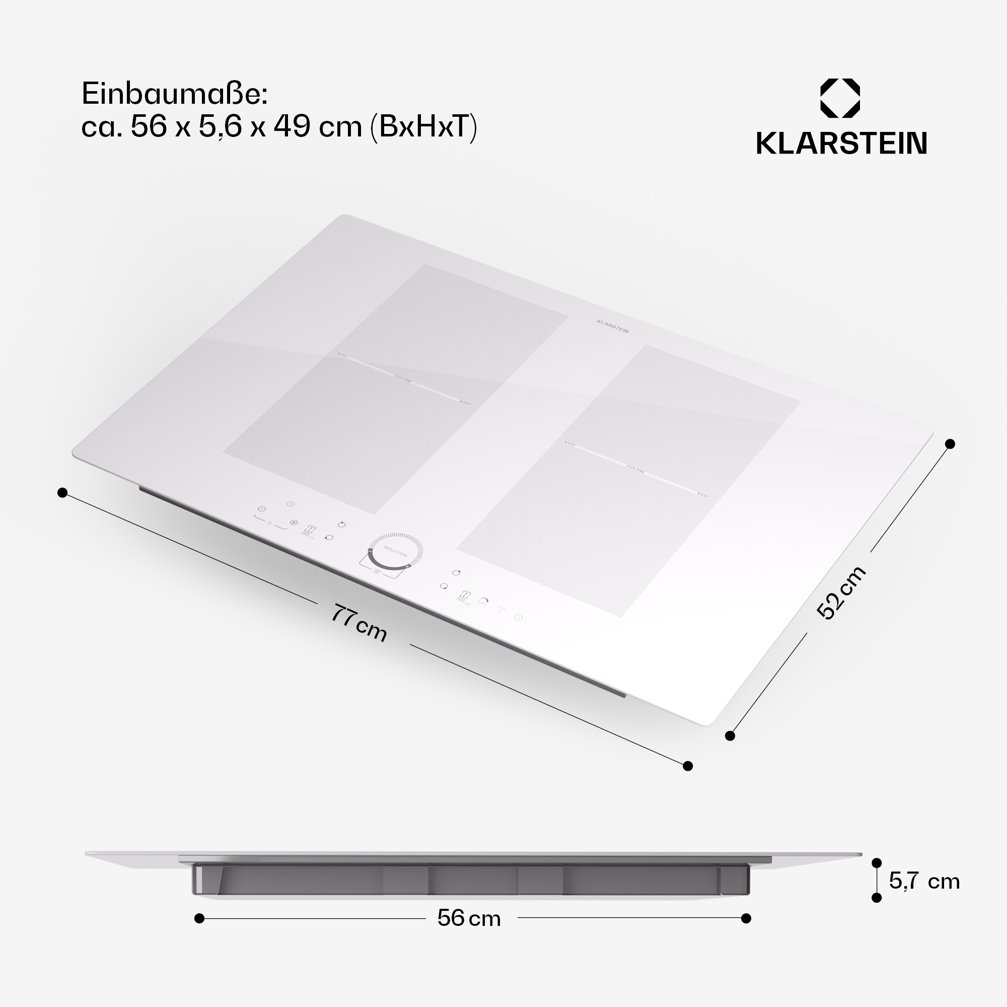 Una placa de inducción blanca con dimensiones mostradas. Cuenta con dos zonas de cocción y controles táctiles.