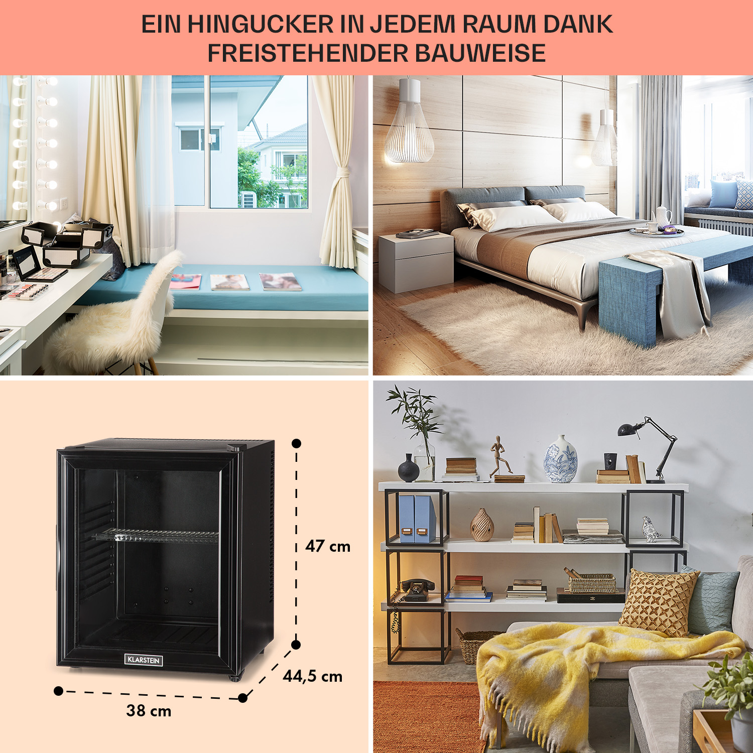 Vier Bilder, die Innenarchitektur zeigen. Ein Schlafzimmer, ein Schminktisch, ein offenes Regal und ein kleiner Kühlschrank.
