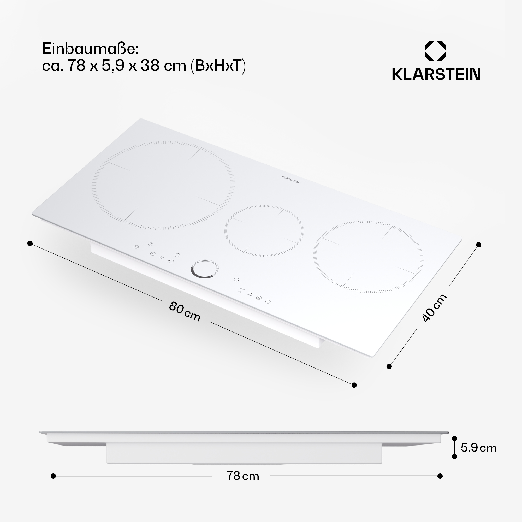 Encimera eléctrica blanca con tres quemadores y dimensiones: 78 x 38 cm.