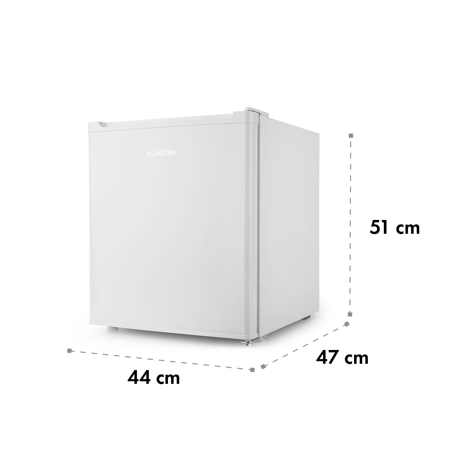 Un refrigerador blanco con dimensiones etiquetadas. Las medidas son 44x47x51 cm.