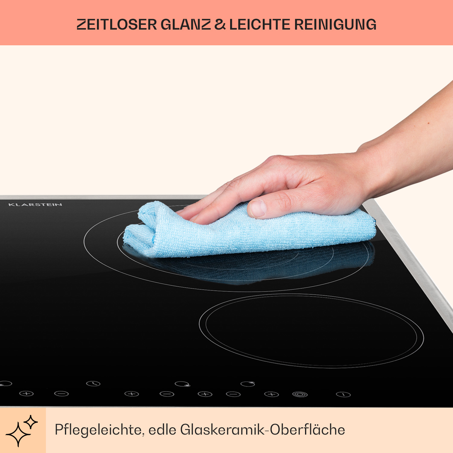 Person reinigt ein schwarzes Kochfeld mit einem blauen Tuch. Text sagt, dass es leicht zu reinigen ist.