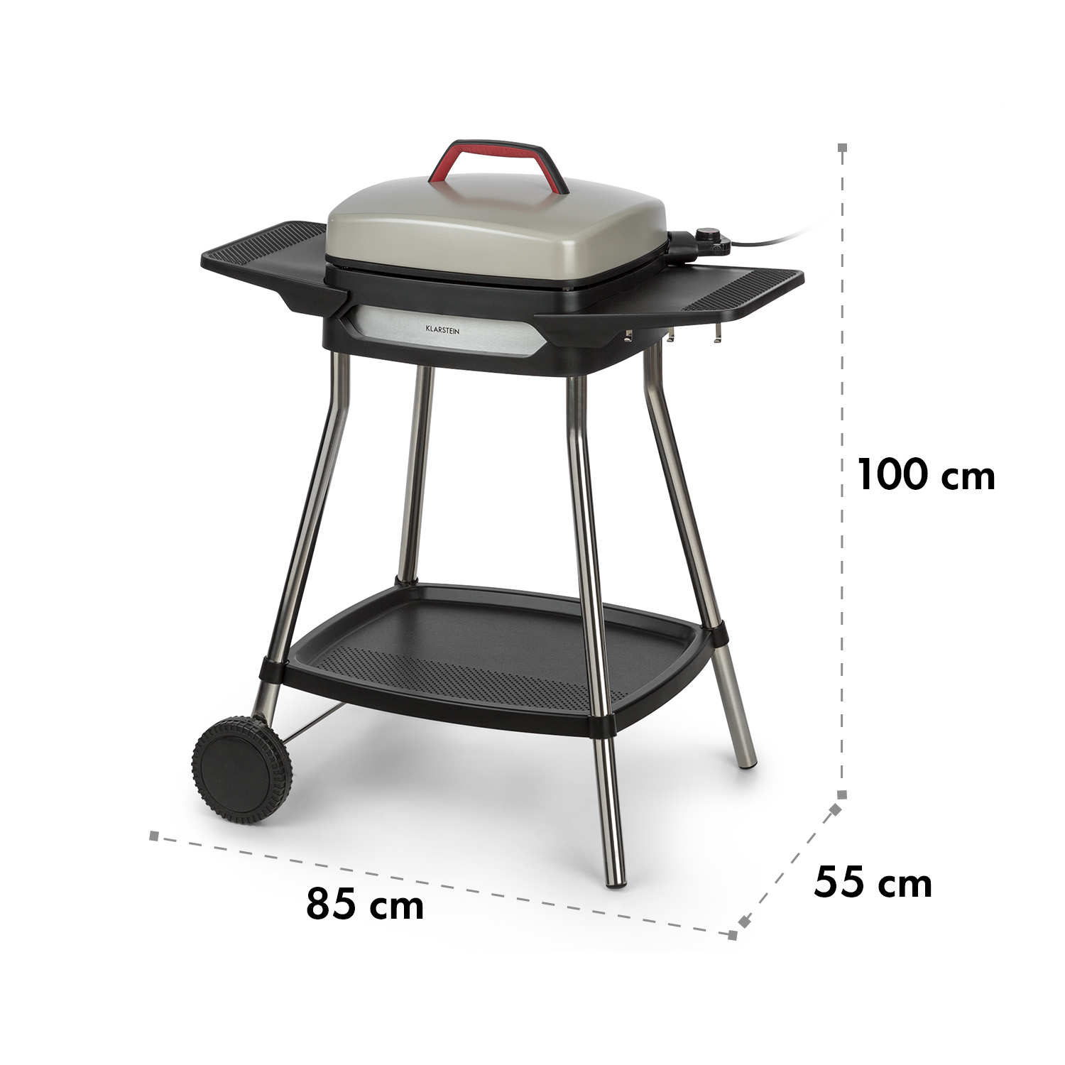 Außengrill mit grauem Deckel und schwarzen Oberflächen, getragen von einem Metallrahmen.