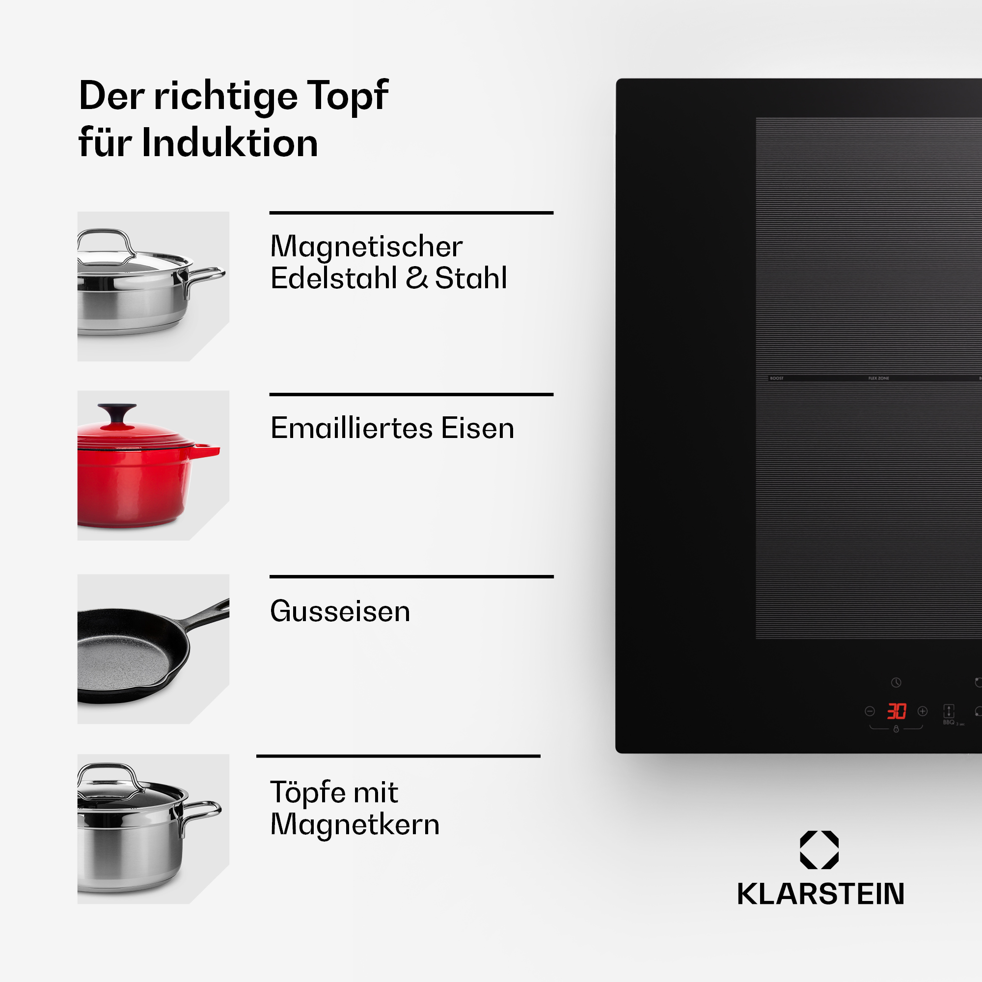 Induktionskochfeld und Töpfe, darunter Edelstahl, emailliertes Eisen und Gusseisen. Text: 'Der richtige Topf für Induktion'.