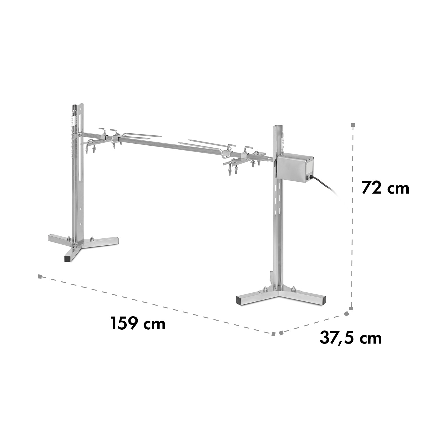 Metall-Drehgrill. Maße: 159 cm lang, 37,5 cm breit und 72 cm hoch.