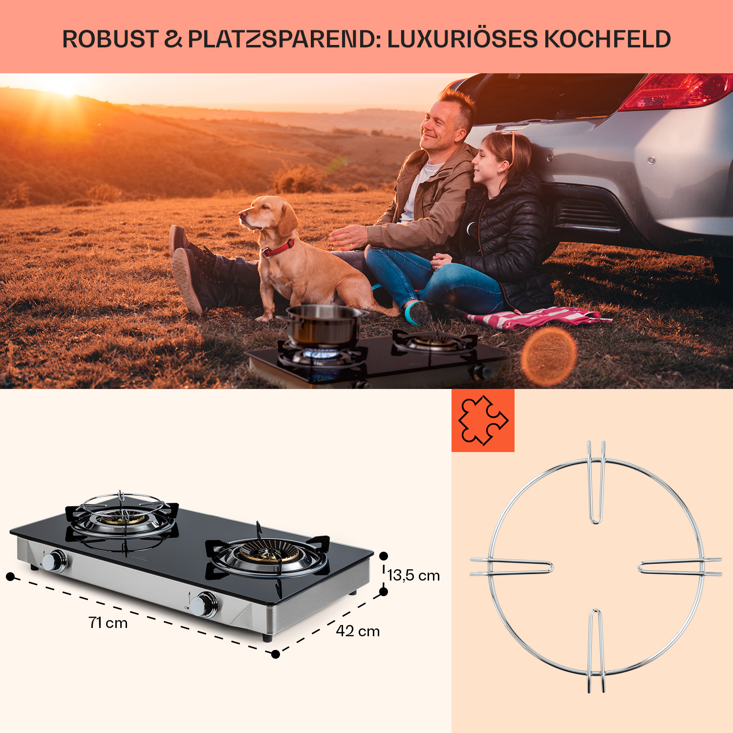 Ein Mann und ein Mädchen mit einem Hund neben einem Auto, kochen im Freien auf einem Herd.
