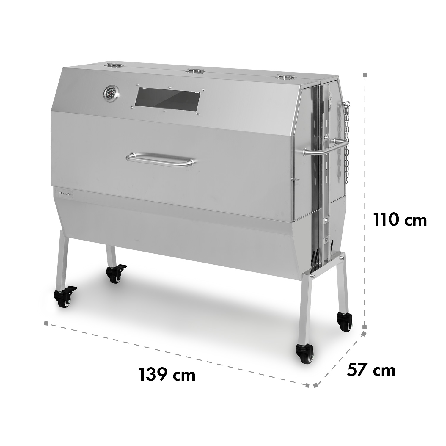 Un grande barbecue da esterno argentato su ruote con dimensioni etichettate.