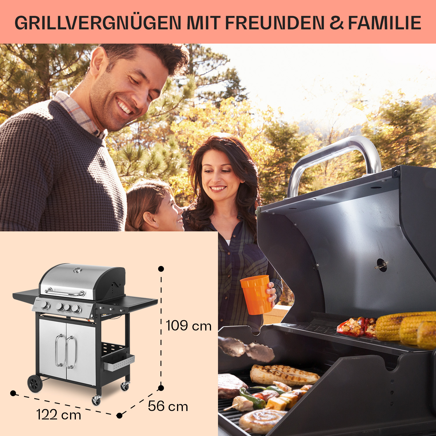 Una famiglia sta grigliando cibo su un barbecue. Un uomo, una donna e un bambino sono sullo sfondo.