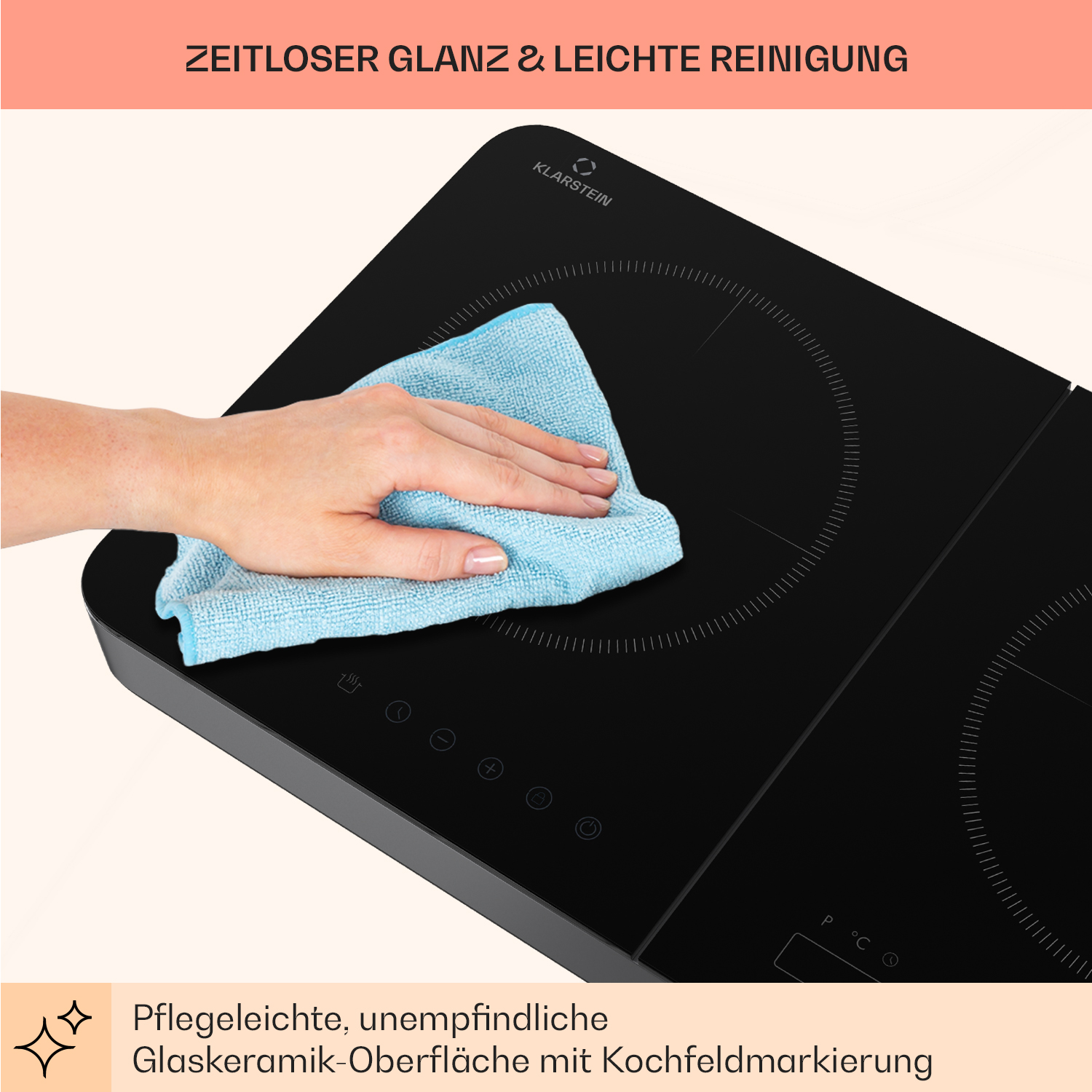 Hand reinigt schwarzes Kochfeld mit blauem Tuch, Text weist auf einfache Reinigung hin.