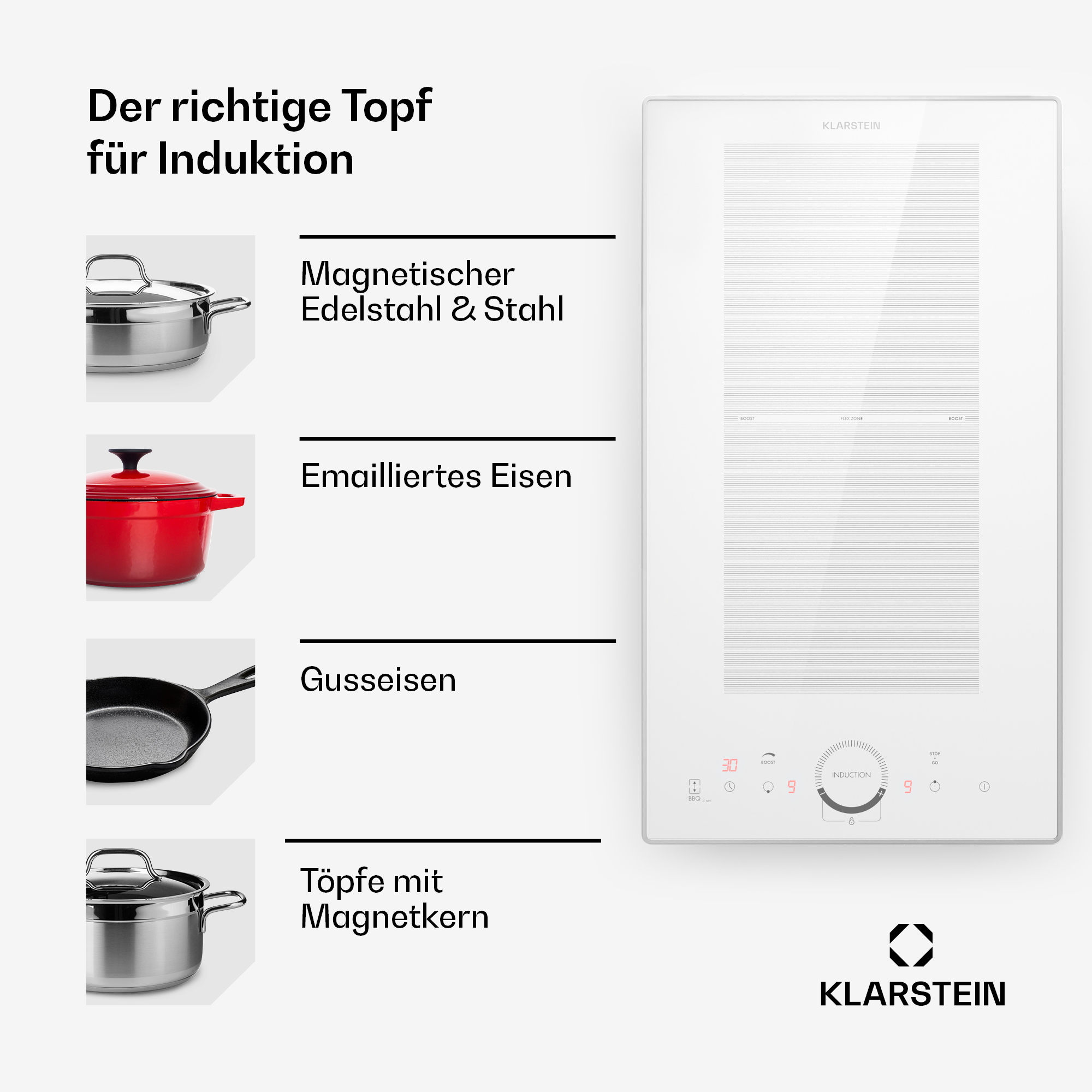 Weißes Induktionskochfeld mit Töpfen und Text, der geeignetes Kochgeschirr beschreibt.