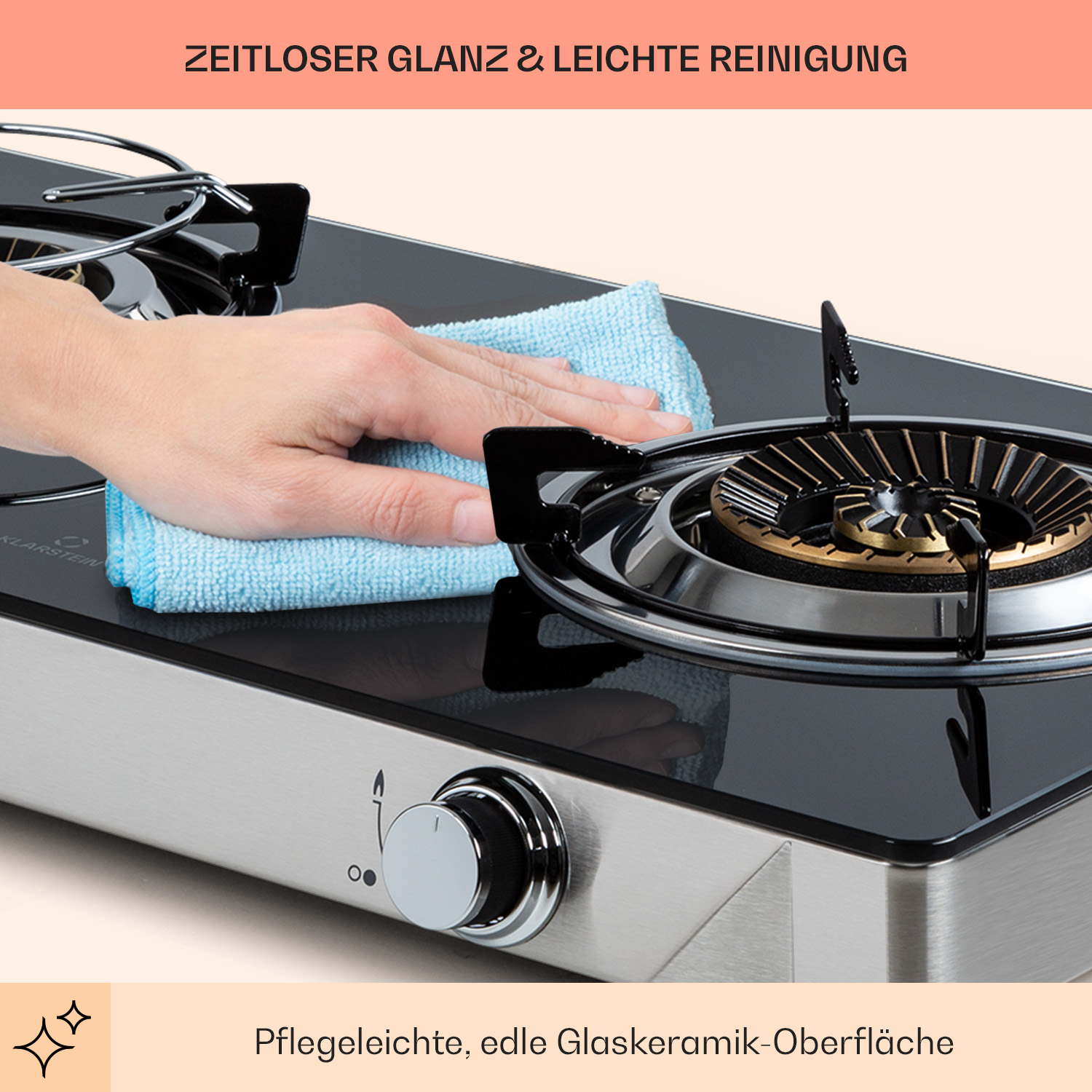 Hand reinigt ein schwarzes Glaskeramik-Kochfeld. Text: 'Zeitloser Glanz & leichte Reinigung'.