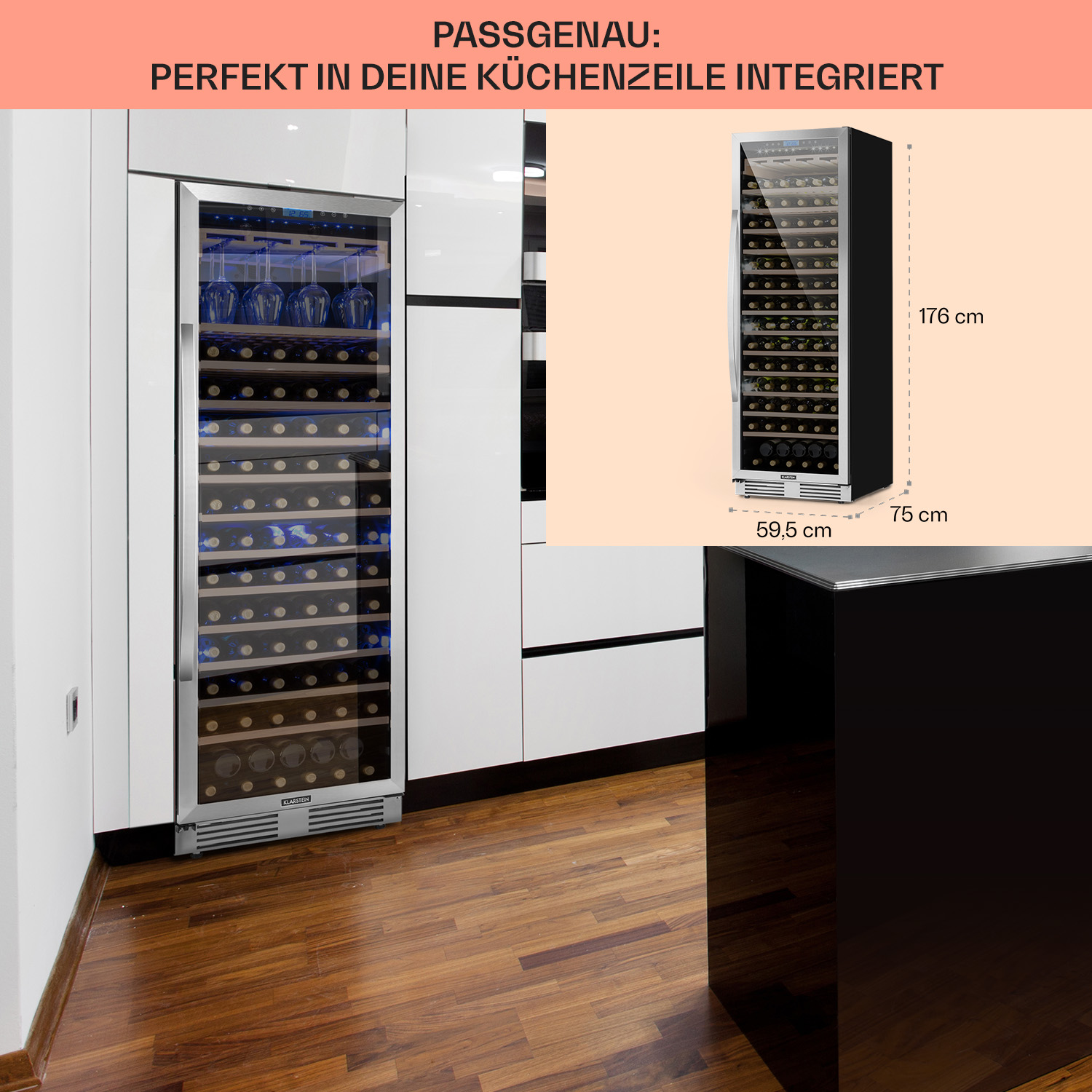 Cantinetta integrata, integrata in un mobile da cucina, con dimensioni indicate.