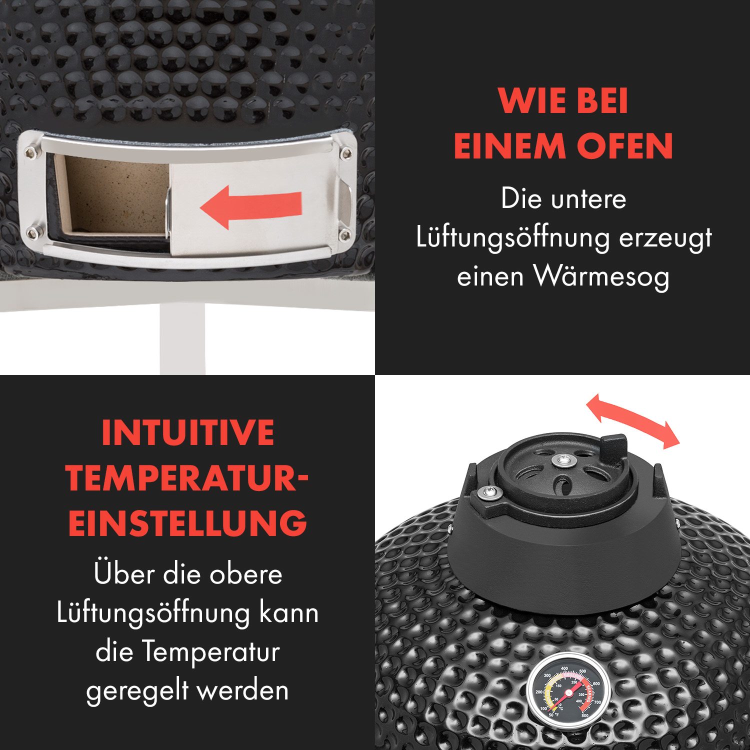 Griglia in ceramica nera con prese d'aria regolabili. Dettagli dell'ingresso dell'aria e controllo della temperatura.