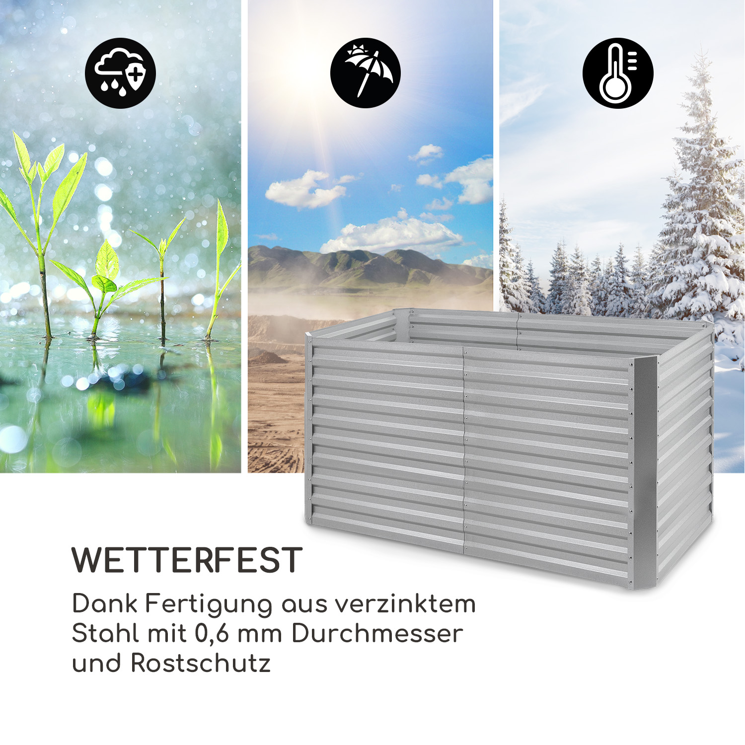 Graues Metall-Gartenbeet mit Icons. Text: wetterfest. Verzinkter Stahl, Rostschutz.