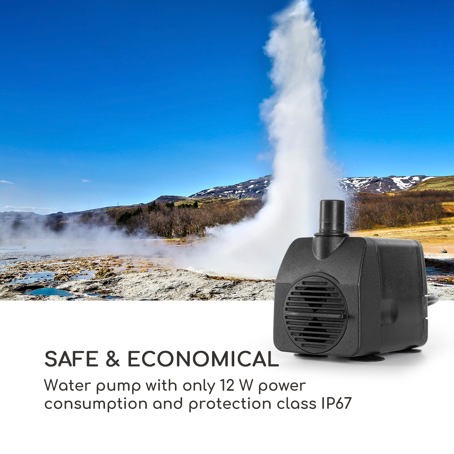 Eine Wasserpumpe vor einem Geysir. Blauer Himmel im Hintergrund. Die Pumpe ist schwarz.