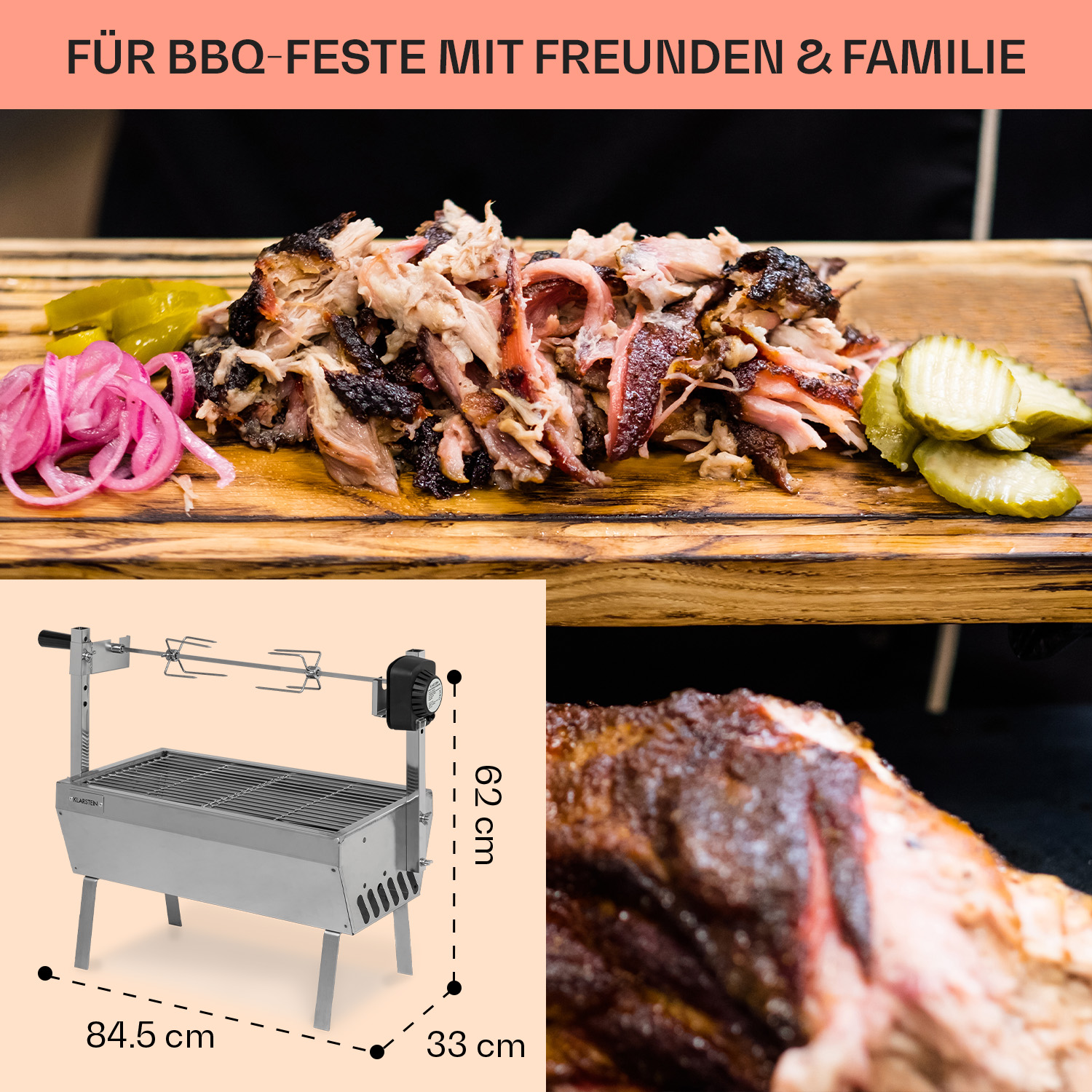 BBQ mit gekochtem Fleisch und Beilagen, Maße: 84,5cm x 33cm x 62cm.