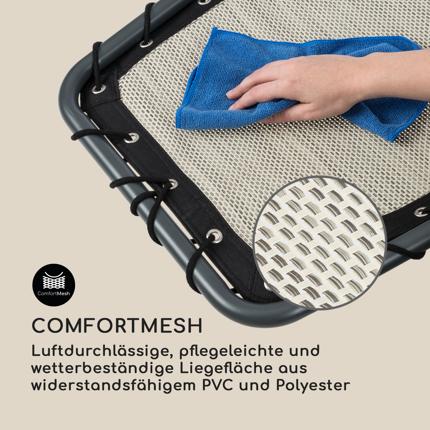 Nahaufnahme eines Netzgewebes, mit einer Hand, die ein blaues Tuch hält. Text: 'ComfortMesh'.