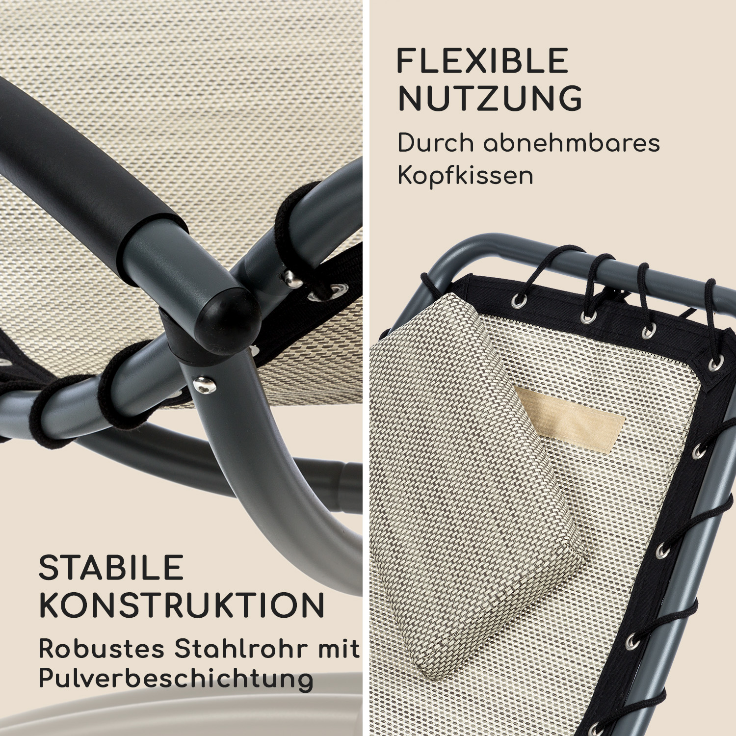 Nahaufnahme eines Stuhls mit Stoffbezug, Metallrahmen und abnehmbarer Kopfstütze.