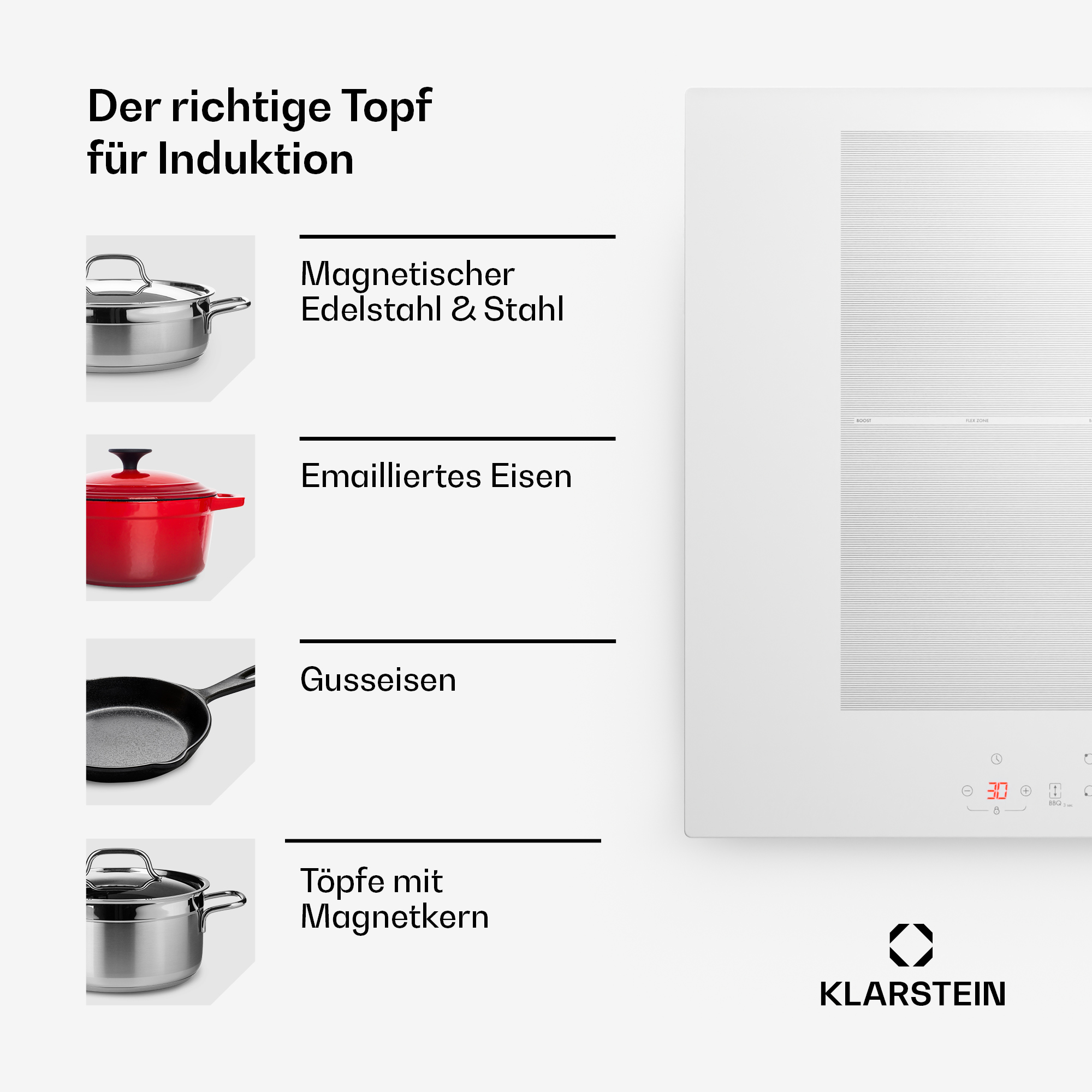 Una placa de inducción blanca con una olla roja, una sartén negra y una olla de acero inoxidable.
