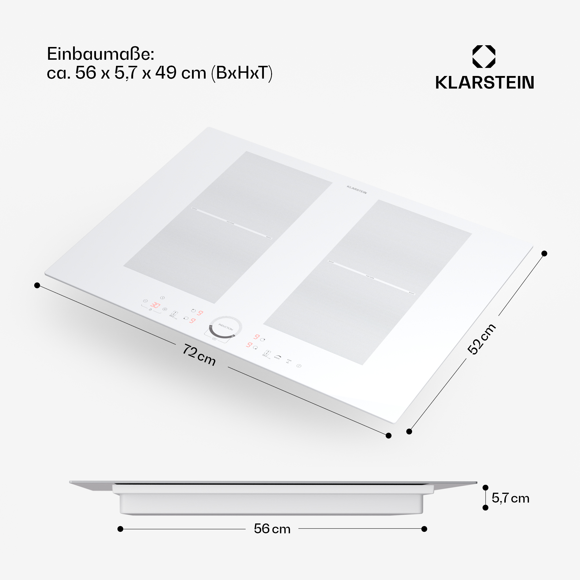 Placa de inducción empotrada blanca con dos zonas de cocción y controles táctiles. Se muestran las dimensiones.