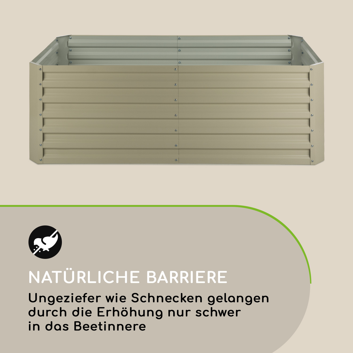 Beige Hochbeet mit Text: 'NATÜRLICHE BARRIERE' (Natürliche Barriere) und Schnecken-Symbol.