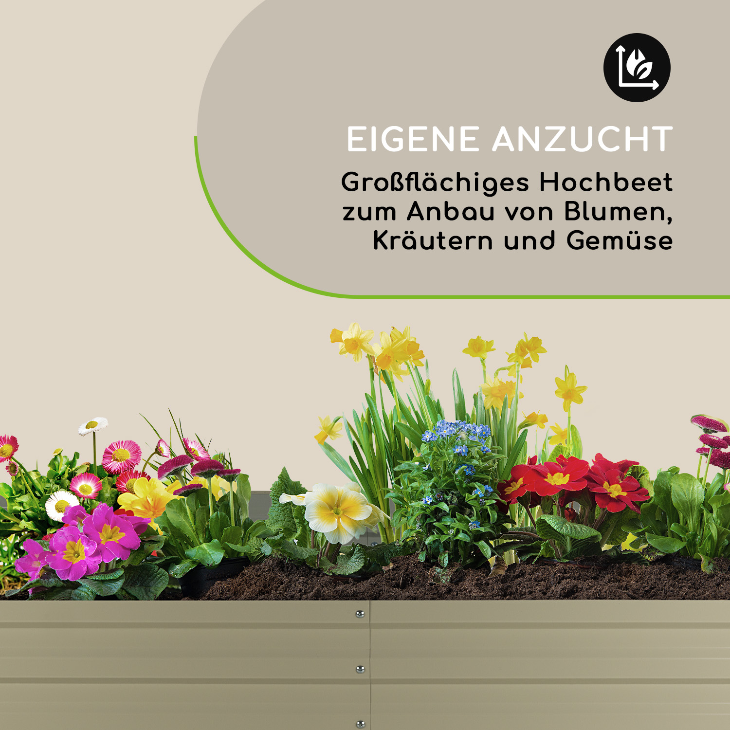 Erhöhtes Gartenbeet mit Blumen. Beige Metallseiten. Grün-beiger Hintergrund.