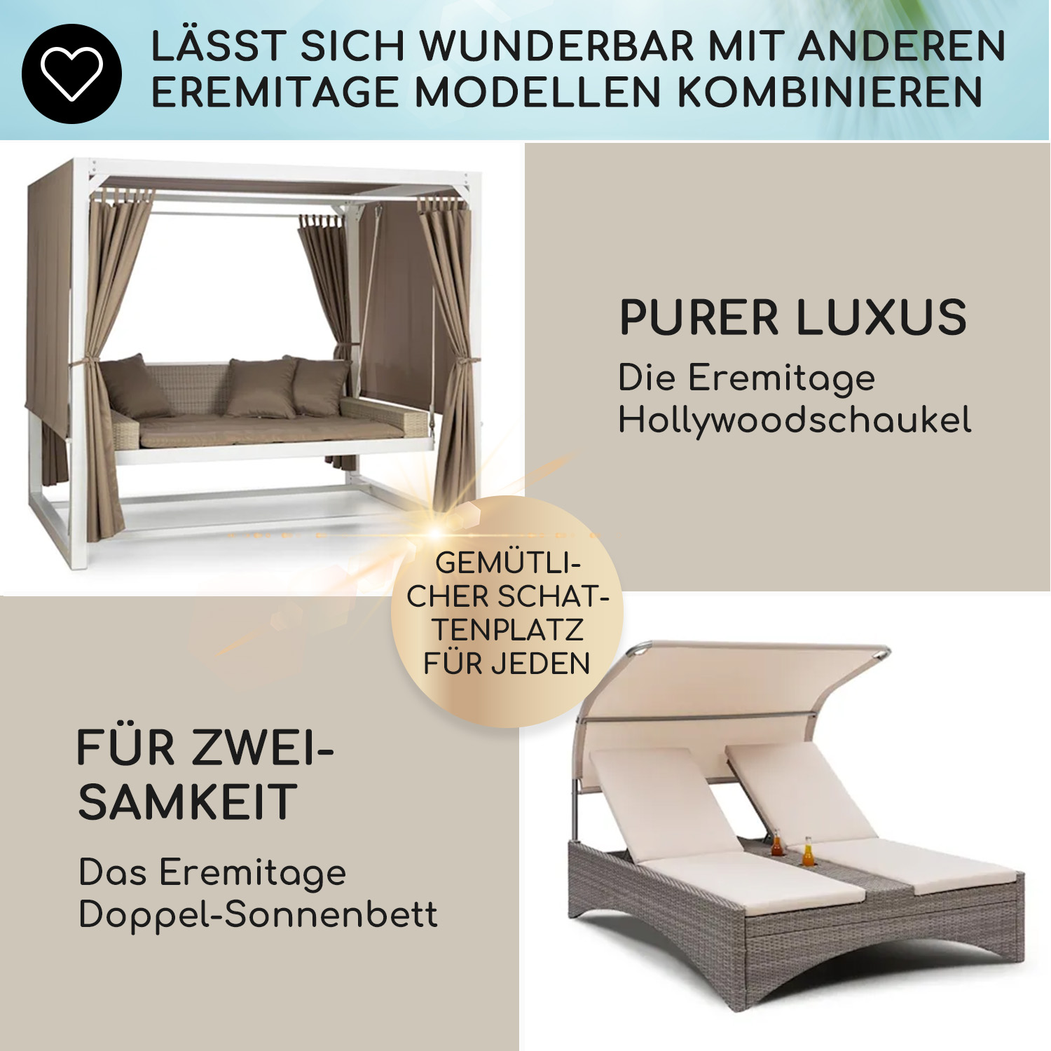Eine Schaukel und Sonnenliegen, mit Text über Luxus und Entspannung.