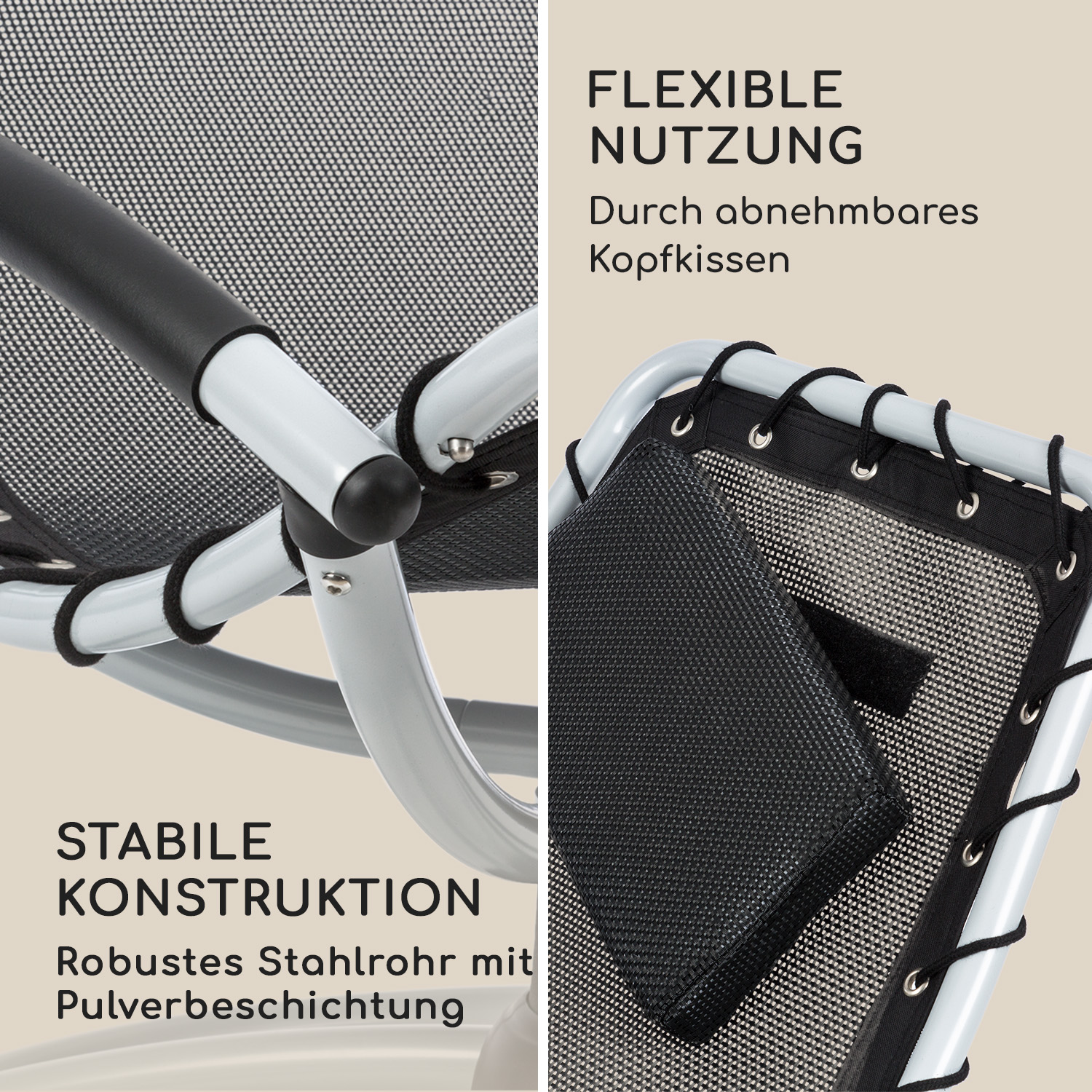 Primer plano de una silla con asiento de malla y reposacabezas desmontable. Texto: Flexible Nutzung, Stabile Konstruktion.