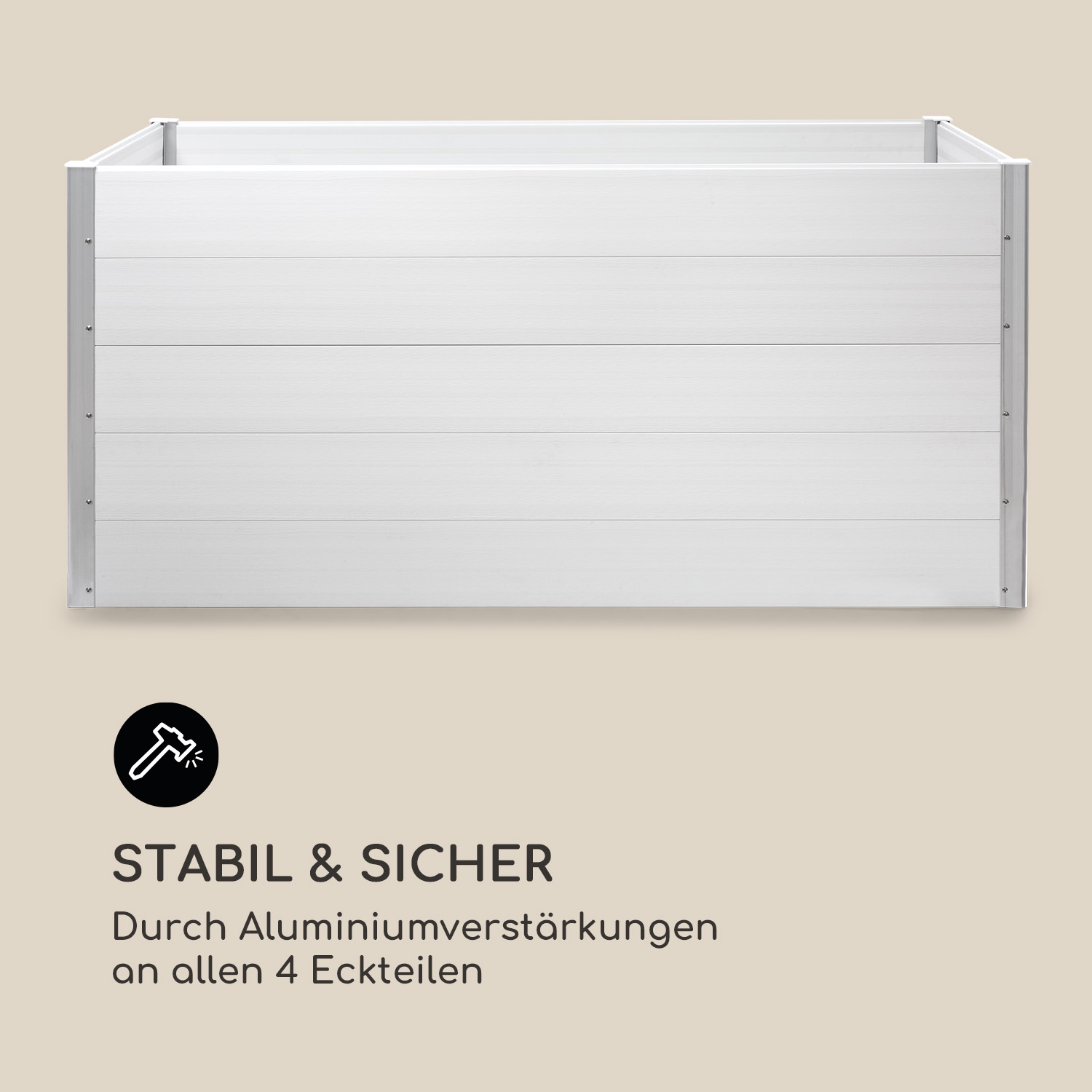 Weißer Pflanzkasten mit Aluminiumverstärkungen und einem Stabilitätssymbol.