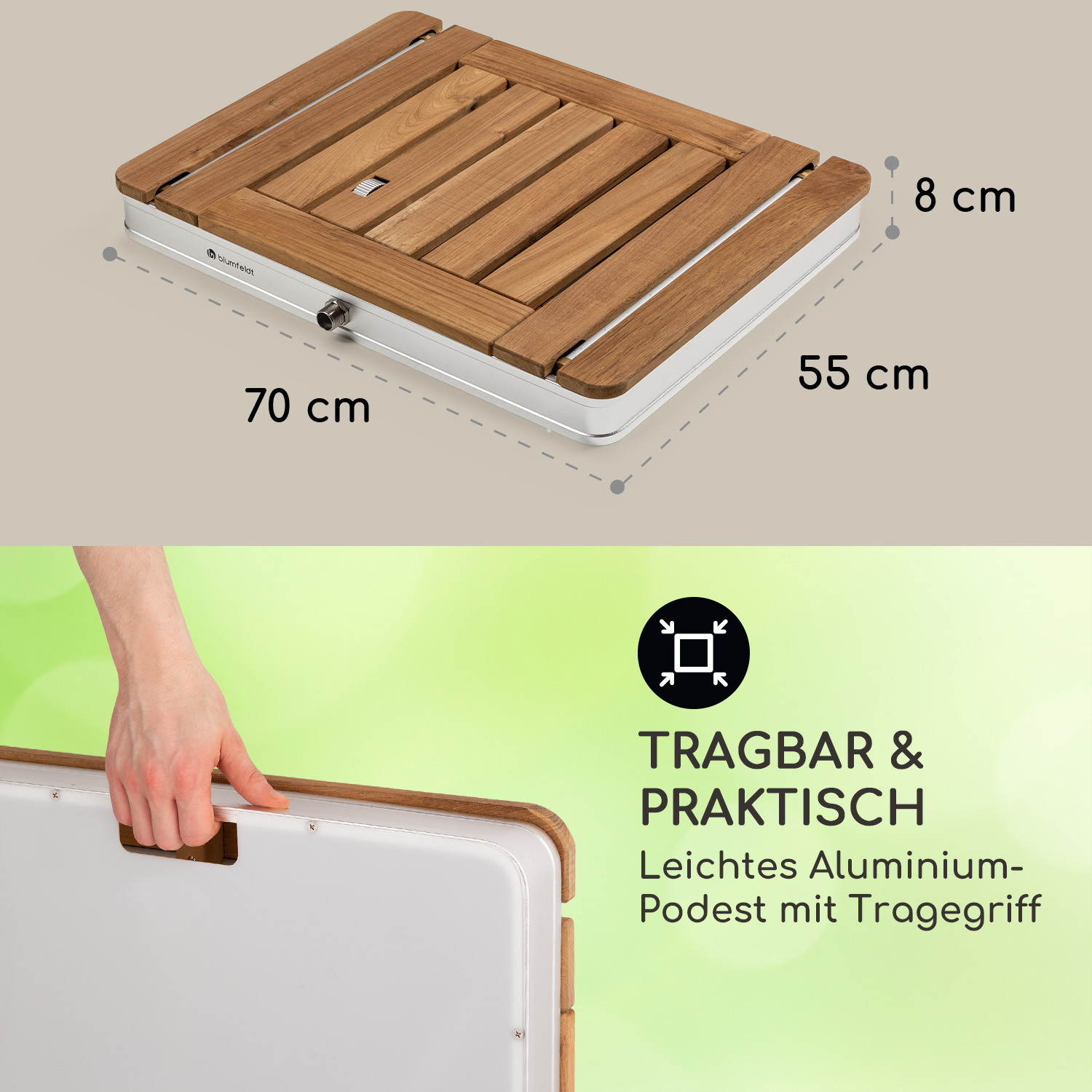Holz-Duschmatte mit Maßen und Text auf Deutsch.