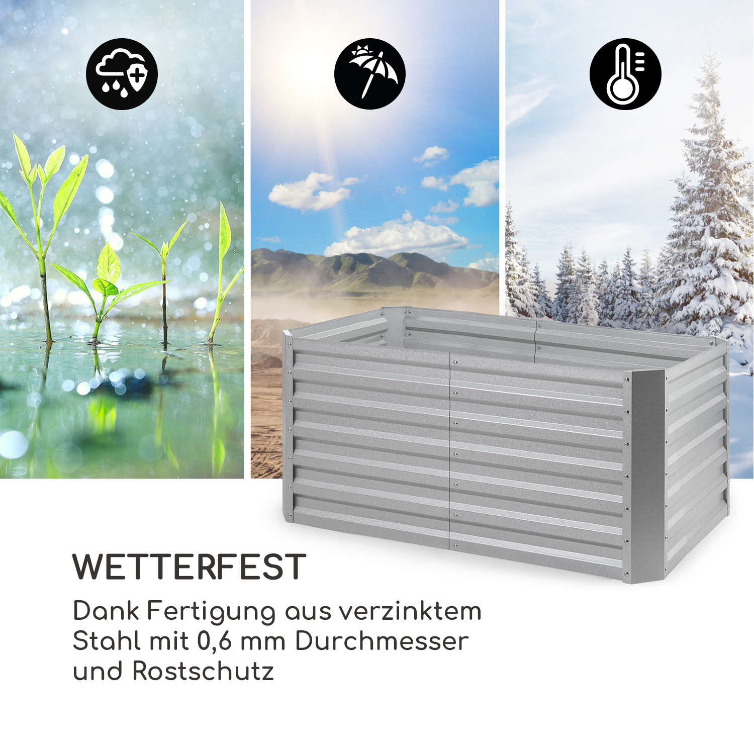 Ein graues Metall-Hochbeet mit Symbolen für Regen, Sonne und Schnee. Zeigt das Hochbeet neben einer Winterszene.