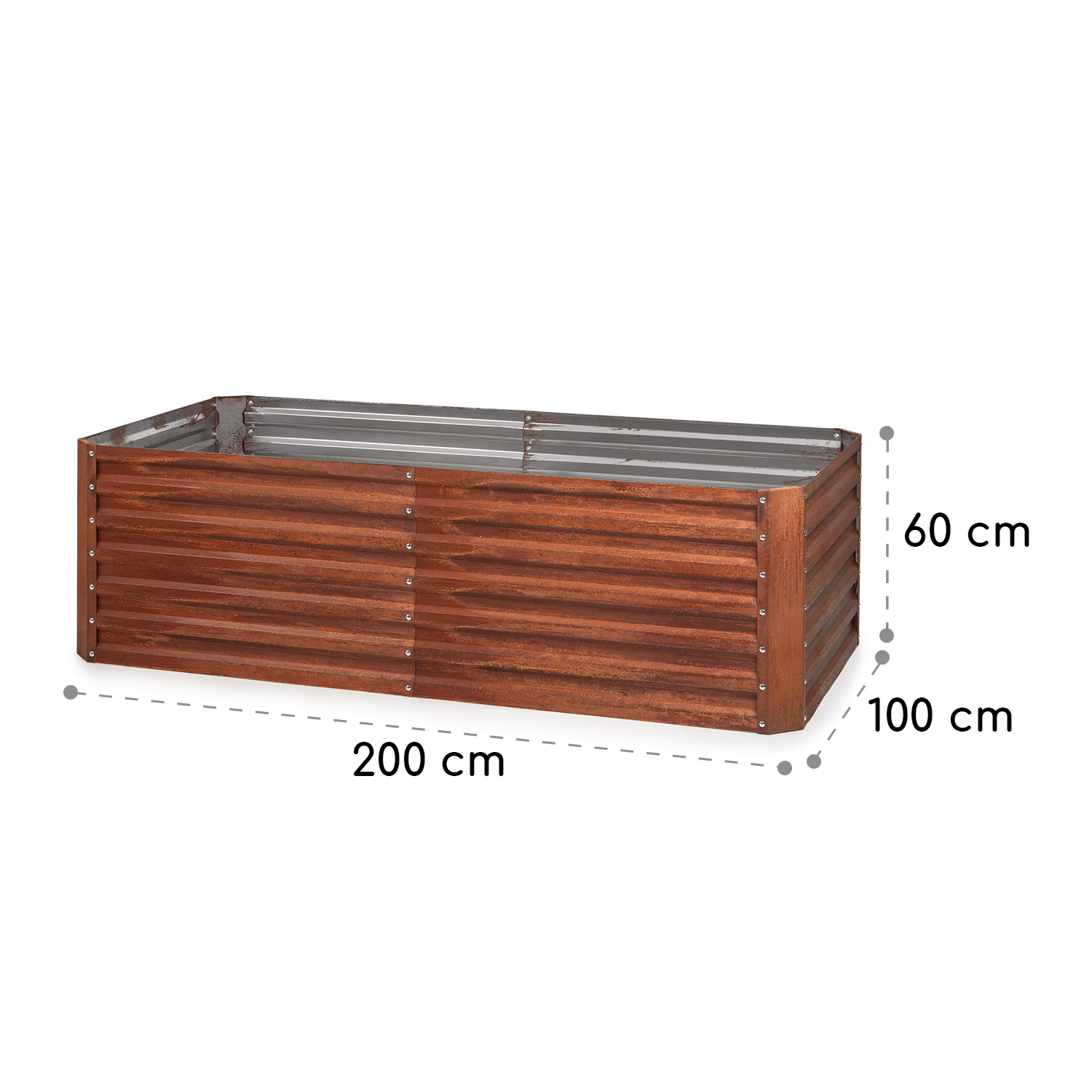 Una jardinera rectangular de madera. Dimensiones: 200 cm largo, 100 cm ancho y 60 cm alto.