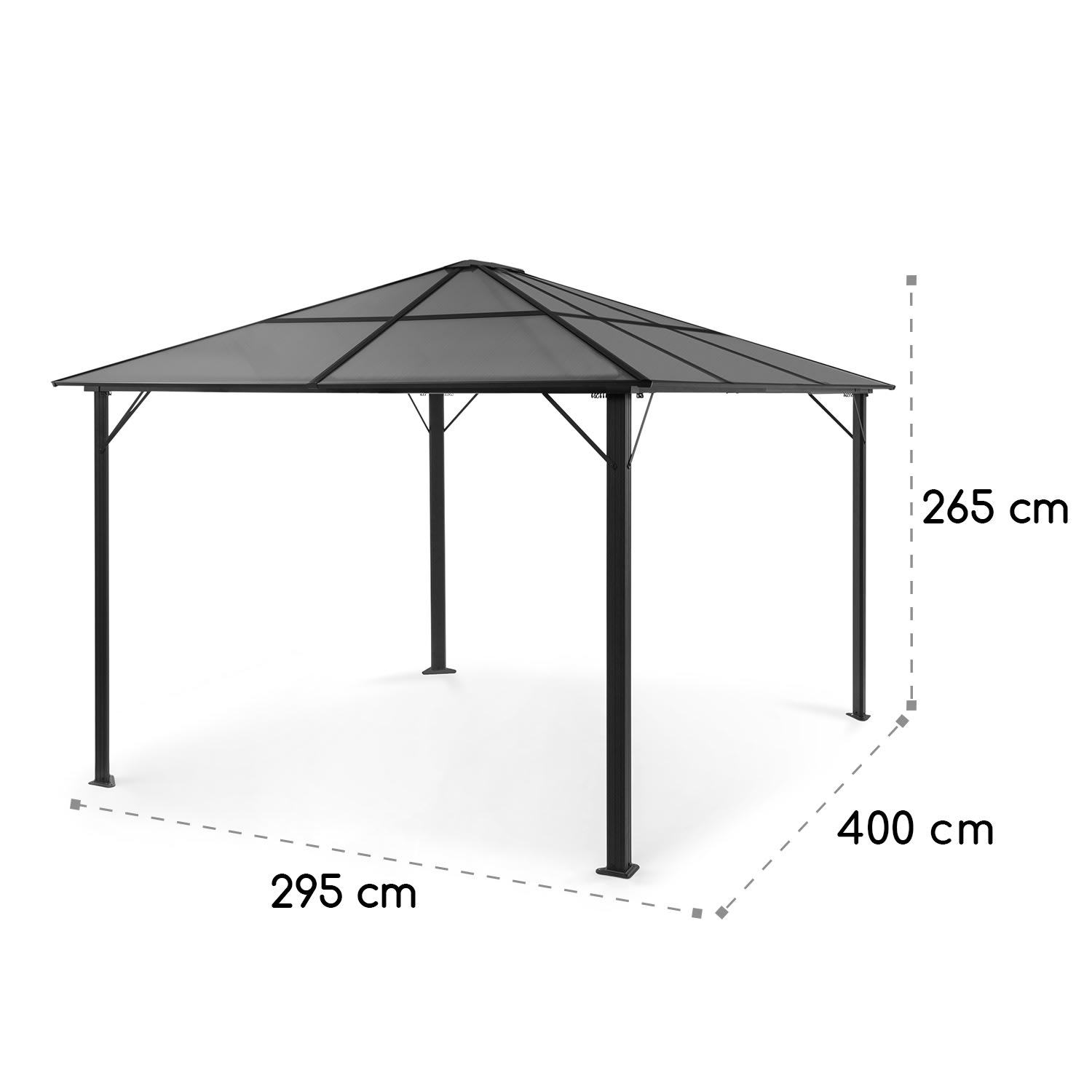 Ein schwarzer Pavillon mit dunklem Dach, mit Abmessungen in Zentimetern.