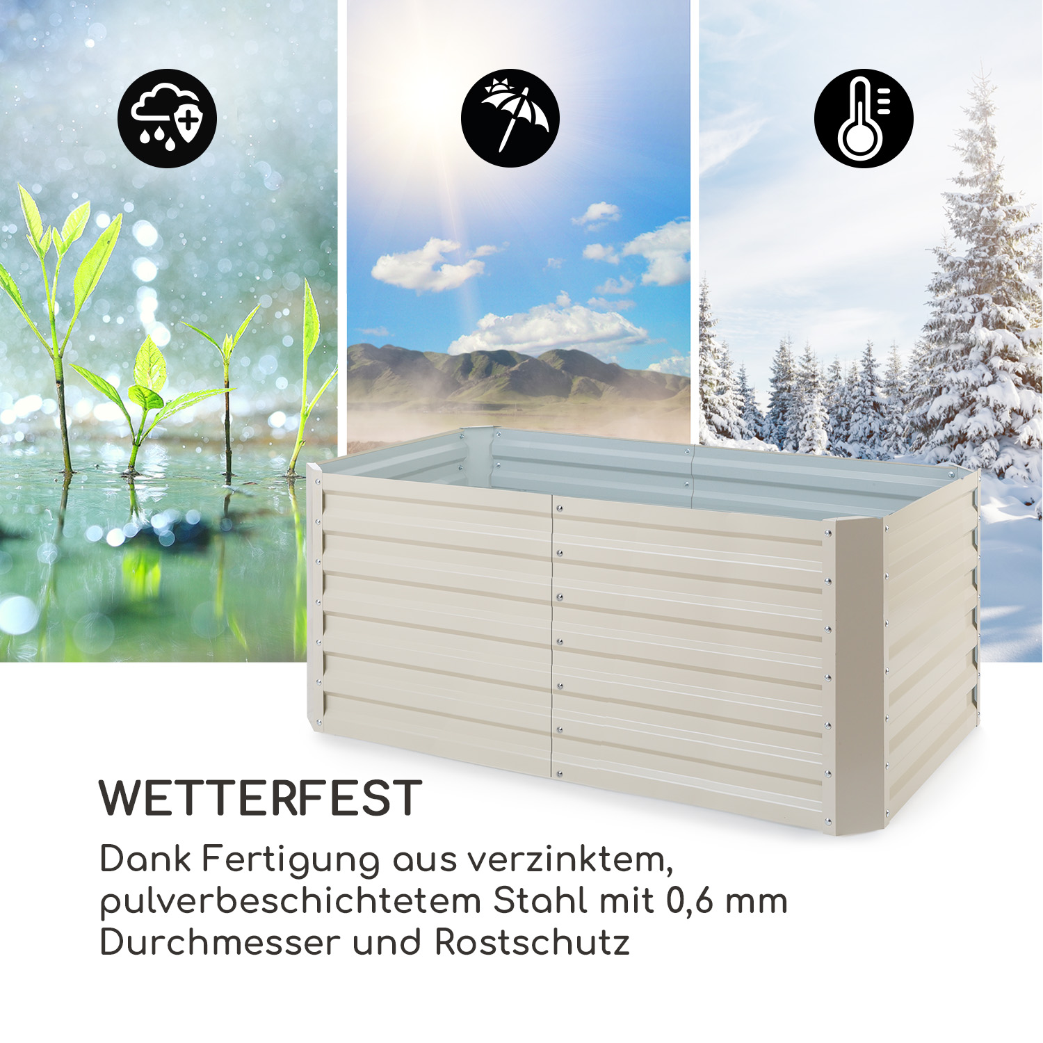 Una jardinera elevada de metal beige con iconos del clima y un fondo invernal nevado.