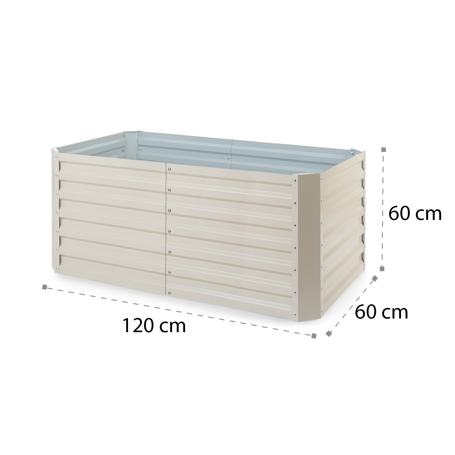 Cama de jardín de metal beige. Dimensiones: 120cm largo, 60cm ancho y 60cm alto.