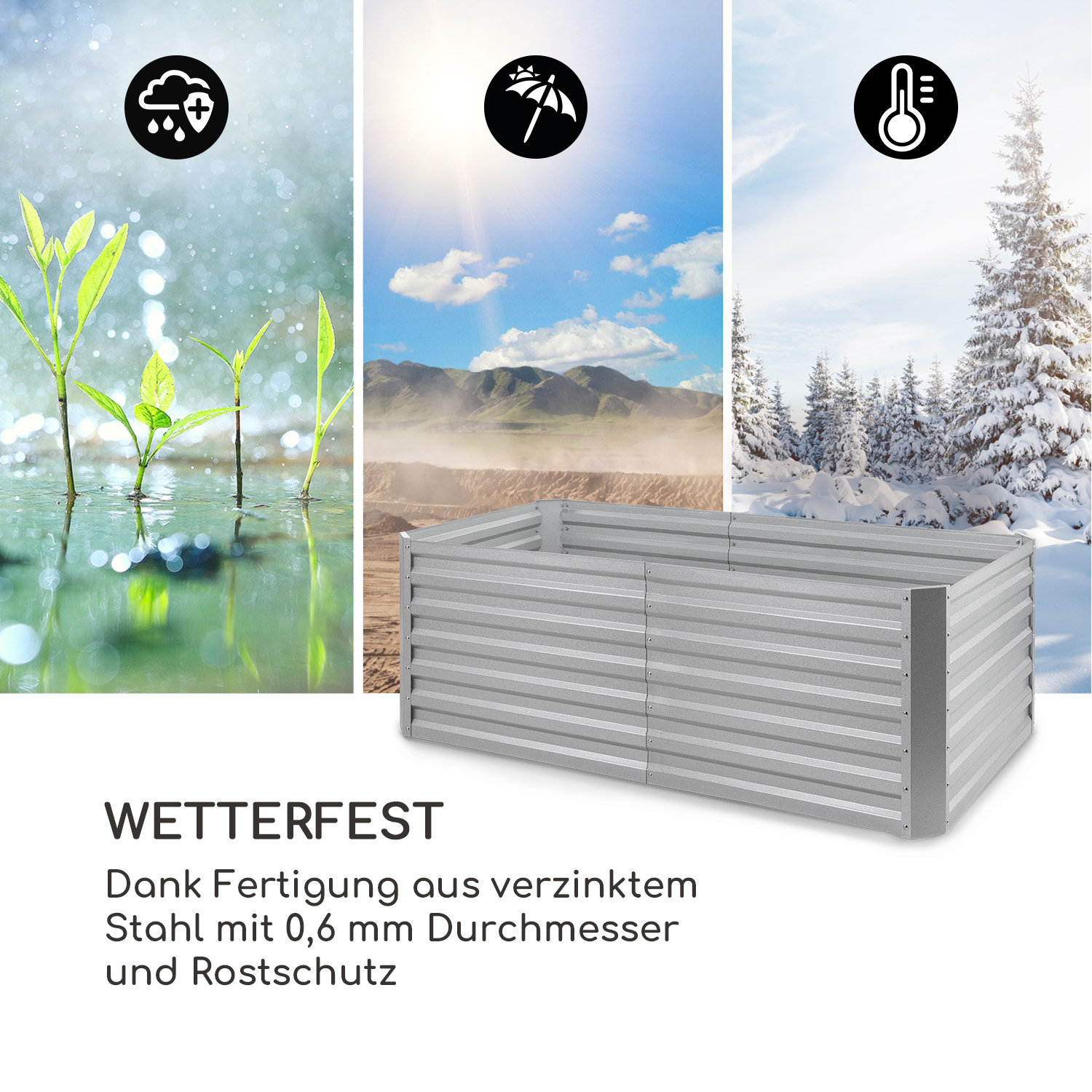 Ein silbernes Gartenbett vor drei Bildern: Regen, Sonne und Schnee. Das Bett hat ein Wellendesign.