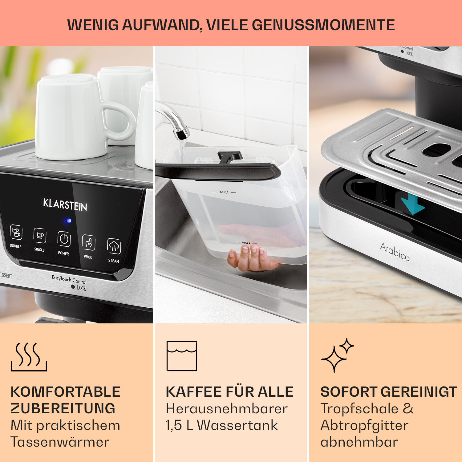 Eine Kaffeemaschine mit mehreren Schüssen, einem Wassertank und einer herausnehmbaren Abtropfschale.