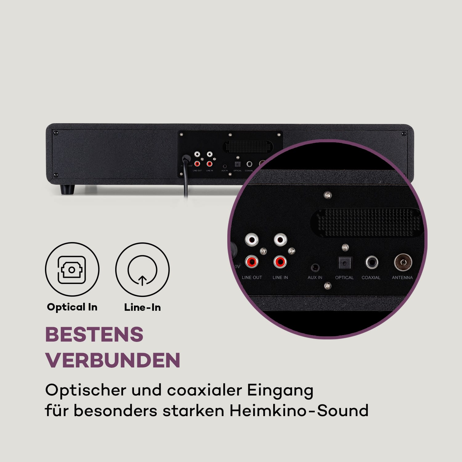 Schwarze Soundbar mit Anschlüssen.