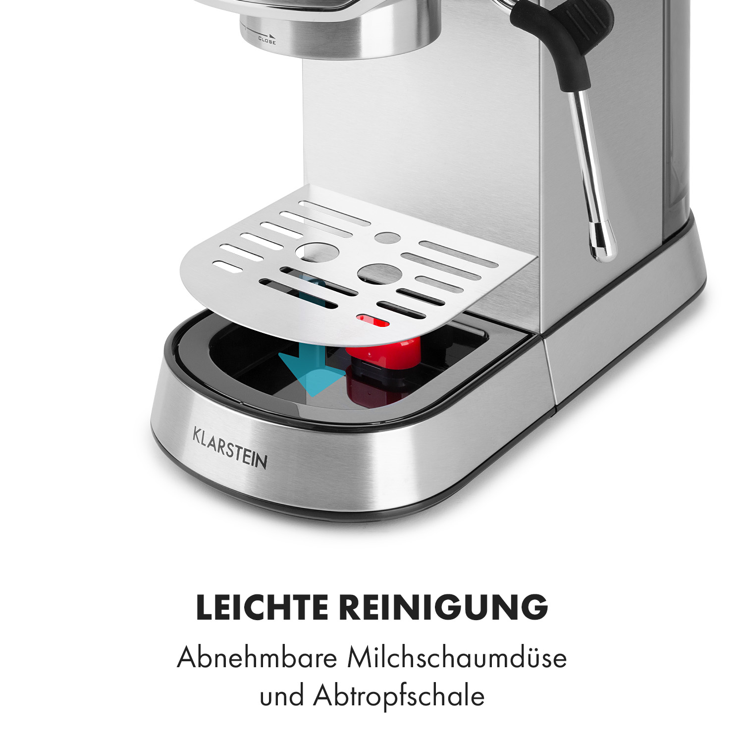 Eine Kaffeemaschine aus Edelstahl mit abnehmbarer Ablage und roten und blauen Details.