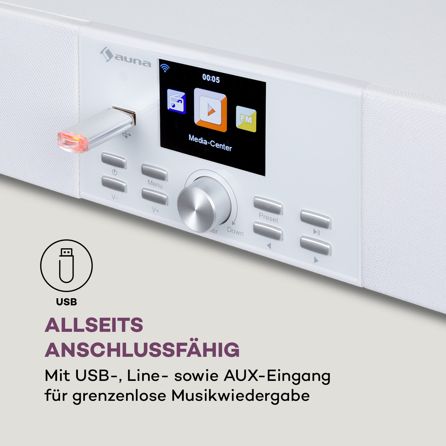 Ein weißes Audiogerät mit USB-Anschluss und dem Text USB ALLSEITS ANSCHLUSSFÄHIG.