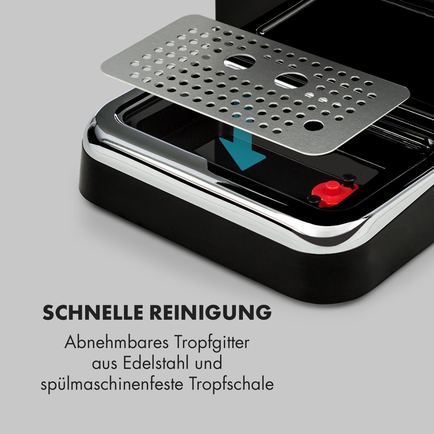 Eine Espressomaschine mit herausnehmbarer Tropfschale aus Stahl.