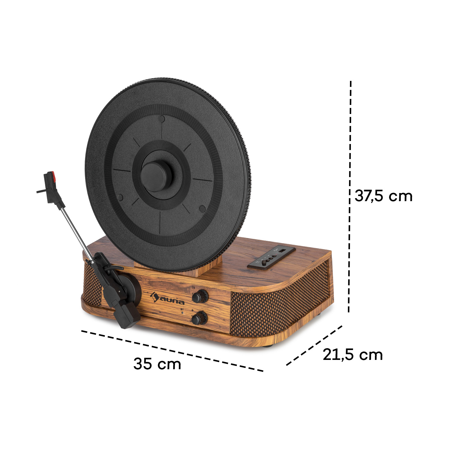 Ein Holz-Plattenspieler mit schwarzer Schallplatte, Maße beschriftet.